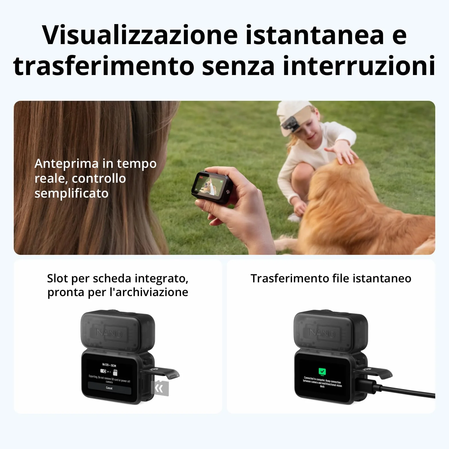 DJI Osmo Nano Combo Standard (128 GB) - Piccola fotocamera per vlog 4K/60fps con un sensore da 1/1,3″, video con ampio FOV di 143°, Registrazione di 200 minuti, Fotocamera magnetica POV 4K per Vlog