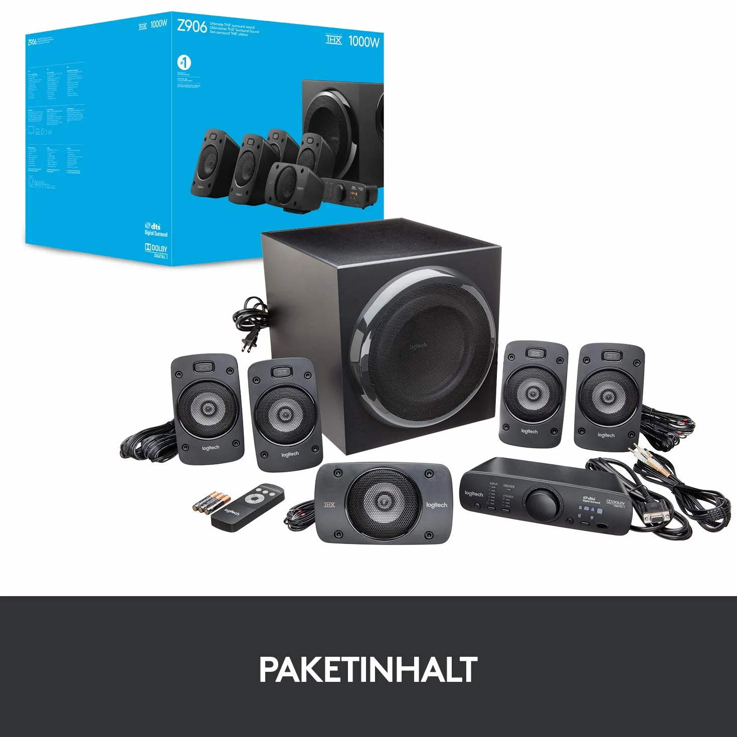Logitech Z906 5.1 Sistema di Altoparlanti Audio Dolby Surround, Certificato THX, Dolby e DTS, ‎Potenza 1000 Watt, Multidispositivo, Telecomando, Presa EU/IT, PC/PS4/Xbox/TV/Smartphone/Tablet - Nero