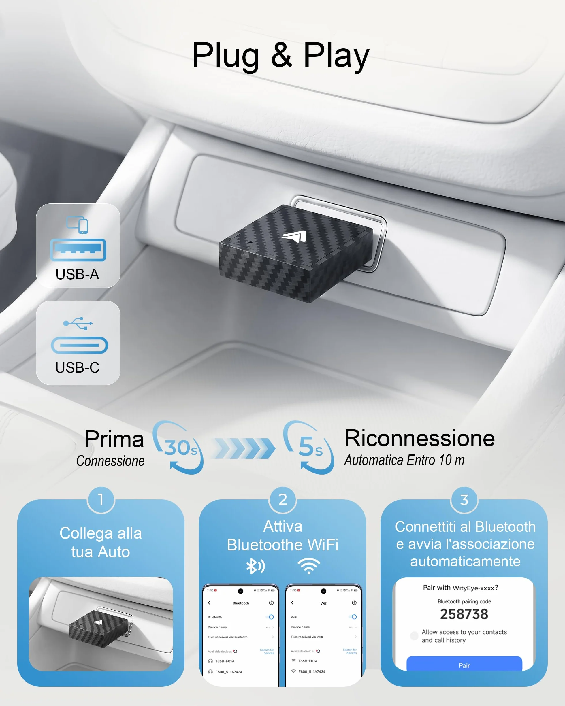 Adattatore Android Auto Wireless, AA Wireless per Android 11+, Bluetooth V5.3, Dual Core a WLAN 5.8GHz, Veloce e Stabile
