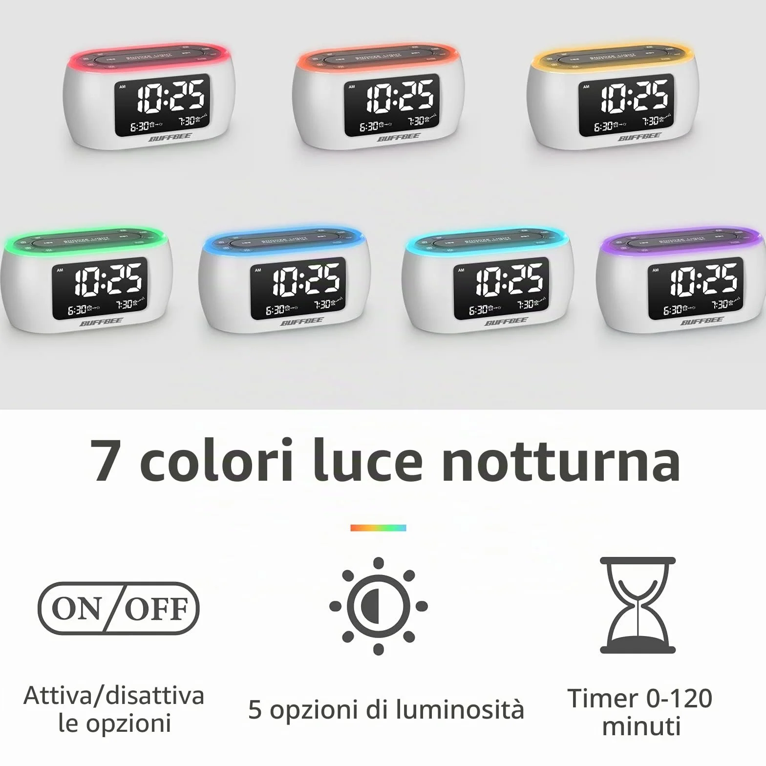 BUFFBEE Radio Sveglia con Luce Notturna 7 Colori, Doppio Allarme, Snooze, Dimmer, Porta USB, Timer Riposo, Sveglia Digitale con Radio FM, Timer Notte - Bianco