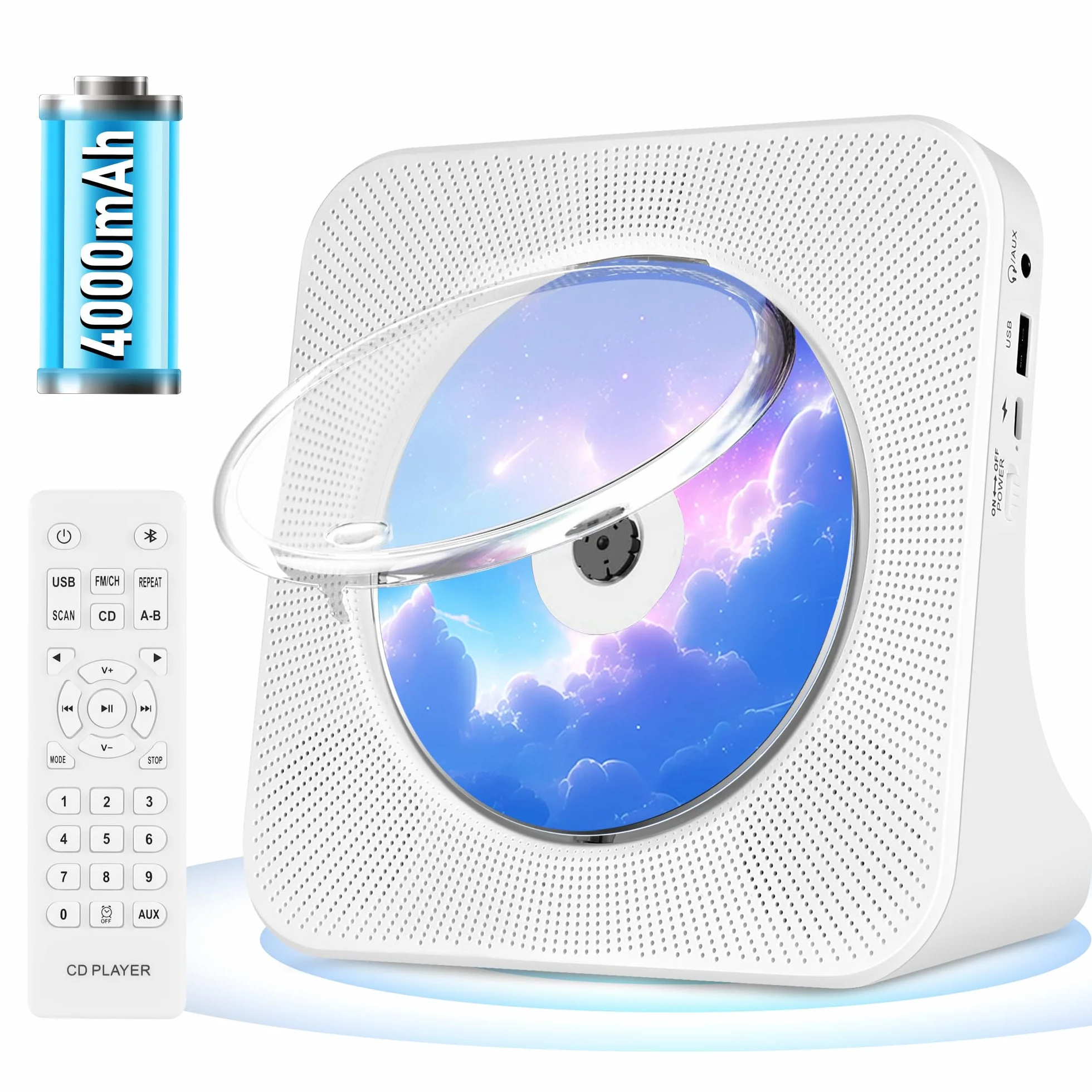 Lettore CD Portatile Ricaricabile 4000 mAh Bluetooth Doppio Altoparlante HIFI Bianco
