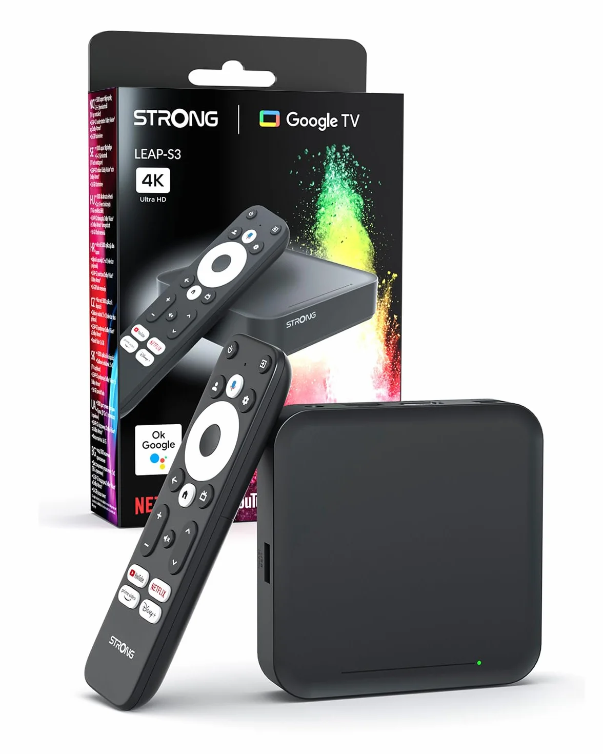 STRONG Leap-S3 Streaming Box 4K UHD Google TV Con Porta Ethernet, 2GB RAM + 16GB Memoria, Chromecast Integrato, WiFi, Controllo Vocale Google, HDR10+, Dolby Audio & Dolby Vision