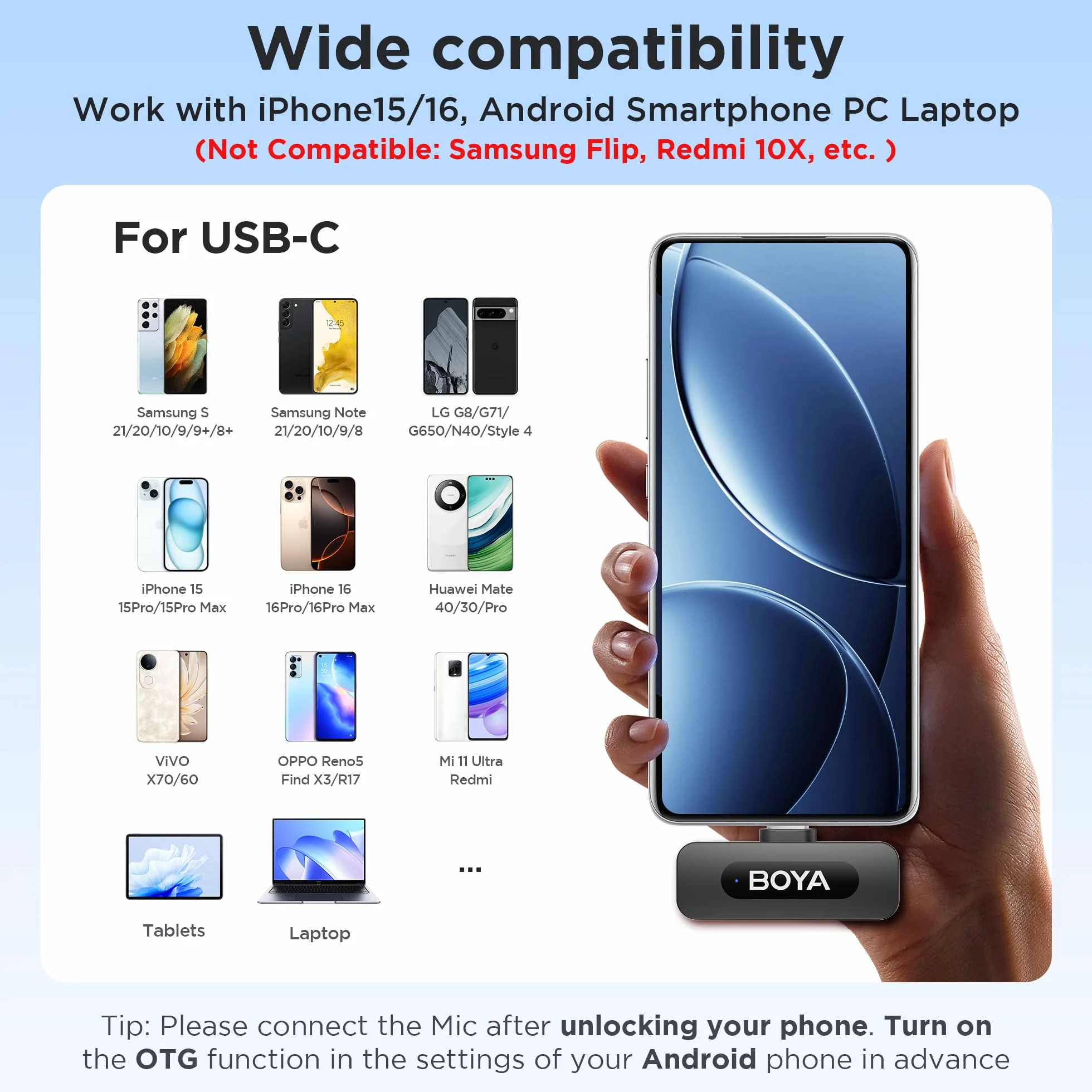 BOYA BY-V10 Microfono Lavalier Wireless USB-C, Mini Microfono Lpel per Smartphone iPhone 15/Android/Microfono Vlog Tipo-C per Youtube Podcast Facebook Vlogging Registrazione Video