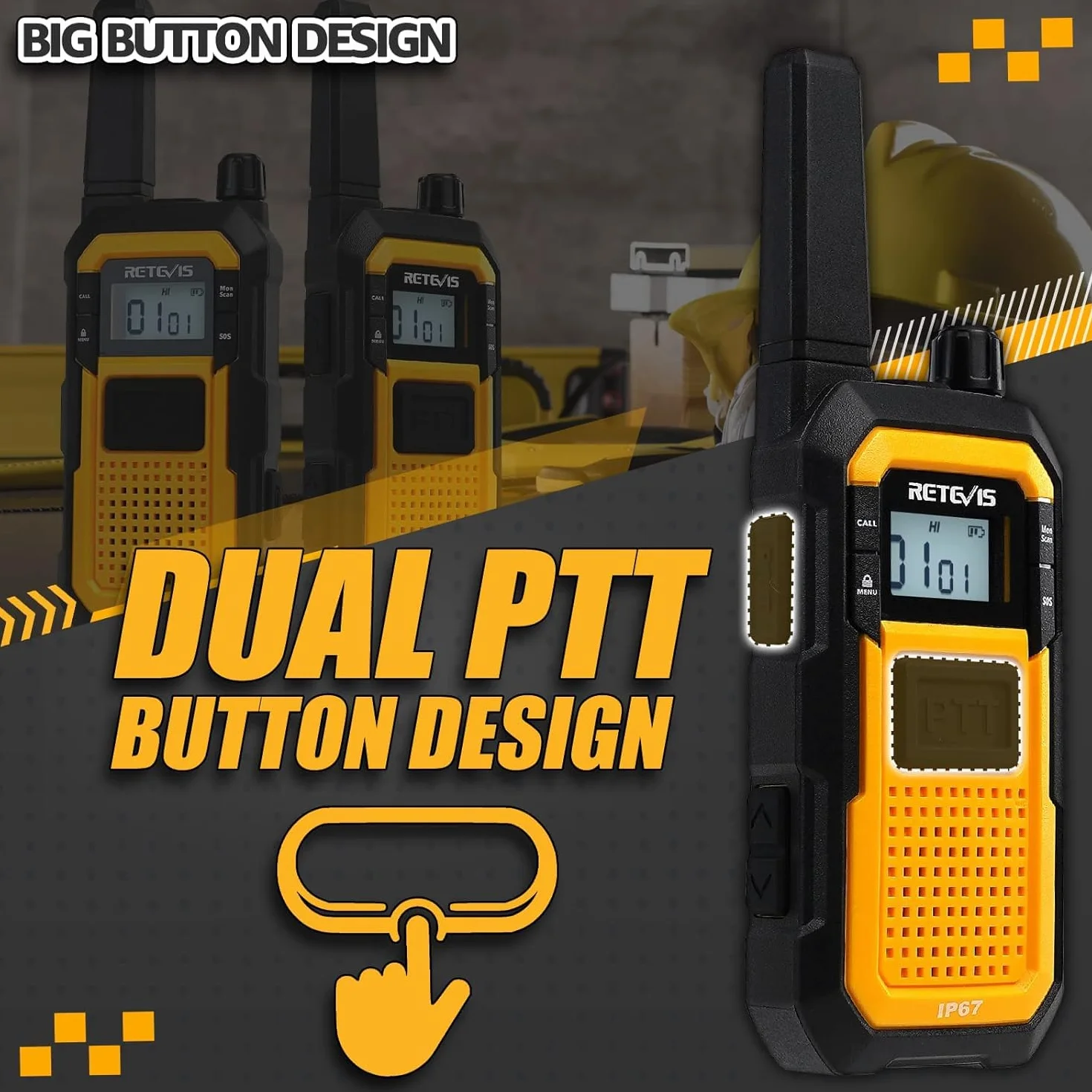 Retevis RB648 Walkie Talkie, Radio Bidirezionale Impermeabile IP67,walkie talkie professionali Anticaduta, Antipolvere, Tripla Prova Avanzata,Adatto per edifici Industriali (2 Pezzi, Giallo)