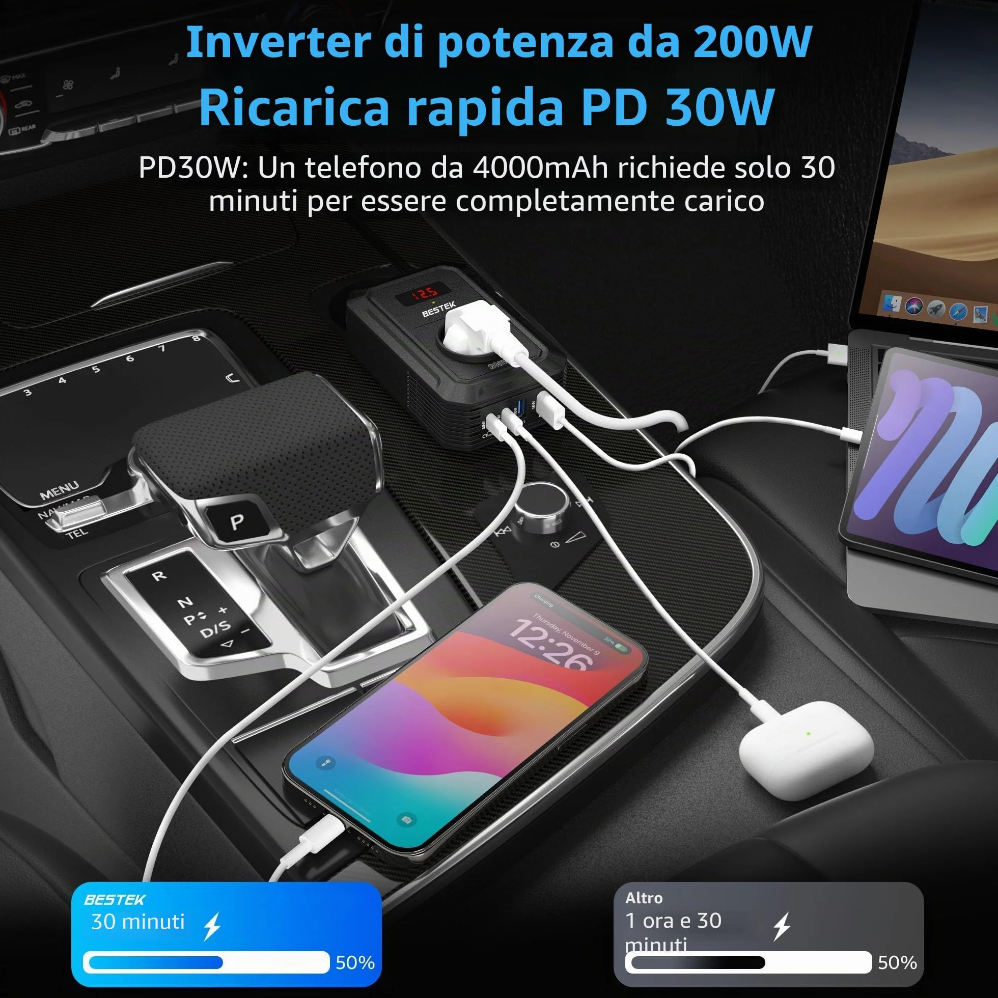 BESTEK 200W Inverter 12v 220v 230V 240V Onda Pura,Inverter Auto con Prese AC 2 USB-C (2*PD 30 W) 2 USB-QC (18 W),Convertitore Potenza per Camper/Barca a Onda Sinusoidale Modificata（Nera）