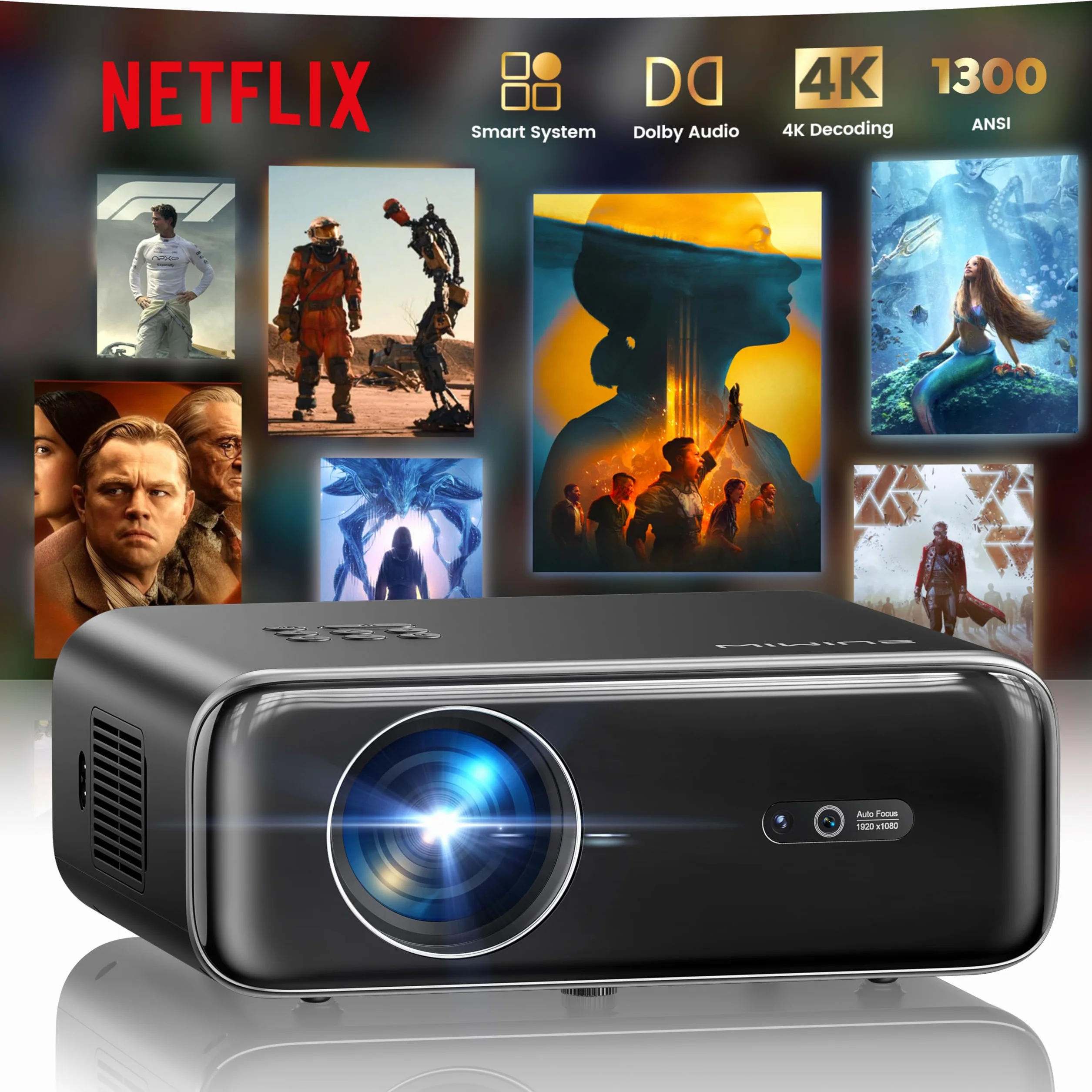 WiMiUS Proiettore Smart 4K Support, Full HD 1080P Nativo, WiFi Bluetooth, Autofocus, Auto Keystone, HDMI ARC, Dolby, Netflix