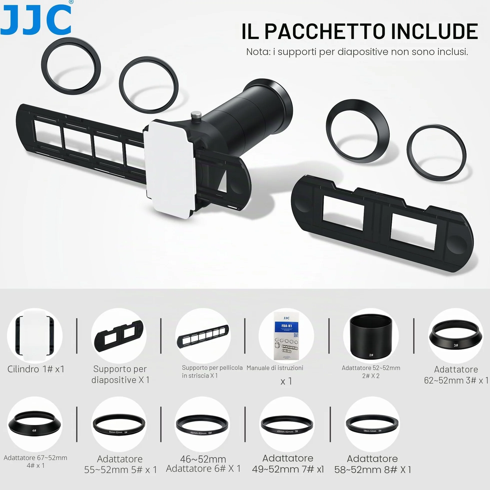 JJC Slide & Film Remake, Con 1 x 35 mm Slide Mount Supporto, 1 Striscia Film Holder e DSLR Barrael Lens Adapter per Copia Negativa, Scanner Negativo per Nikon D850 ES-2