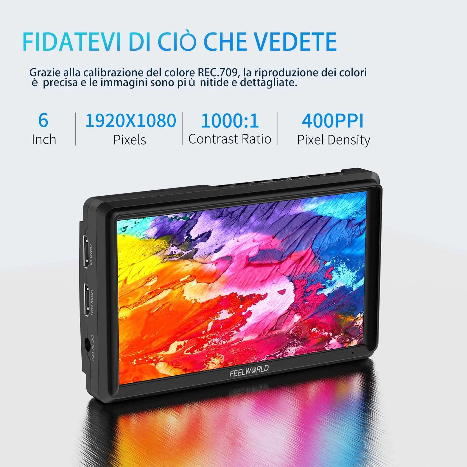 FEELWORLD FW568 V3 Monitor da campo per DSLR da 6 pollici con batteria F550 da 2200 mAh e borsa per il trasporto, forma d'onda LUTs Video Peaking Focus Assist 1920x1080 IPS 4K HDMI Input Output