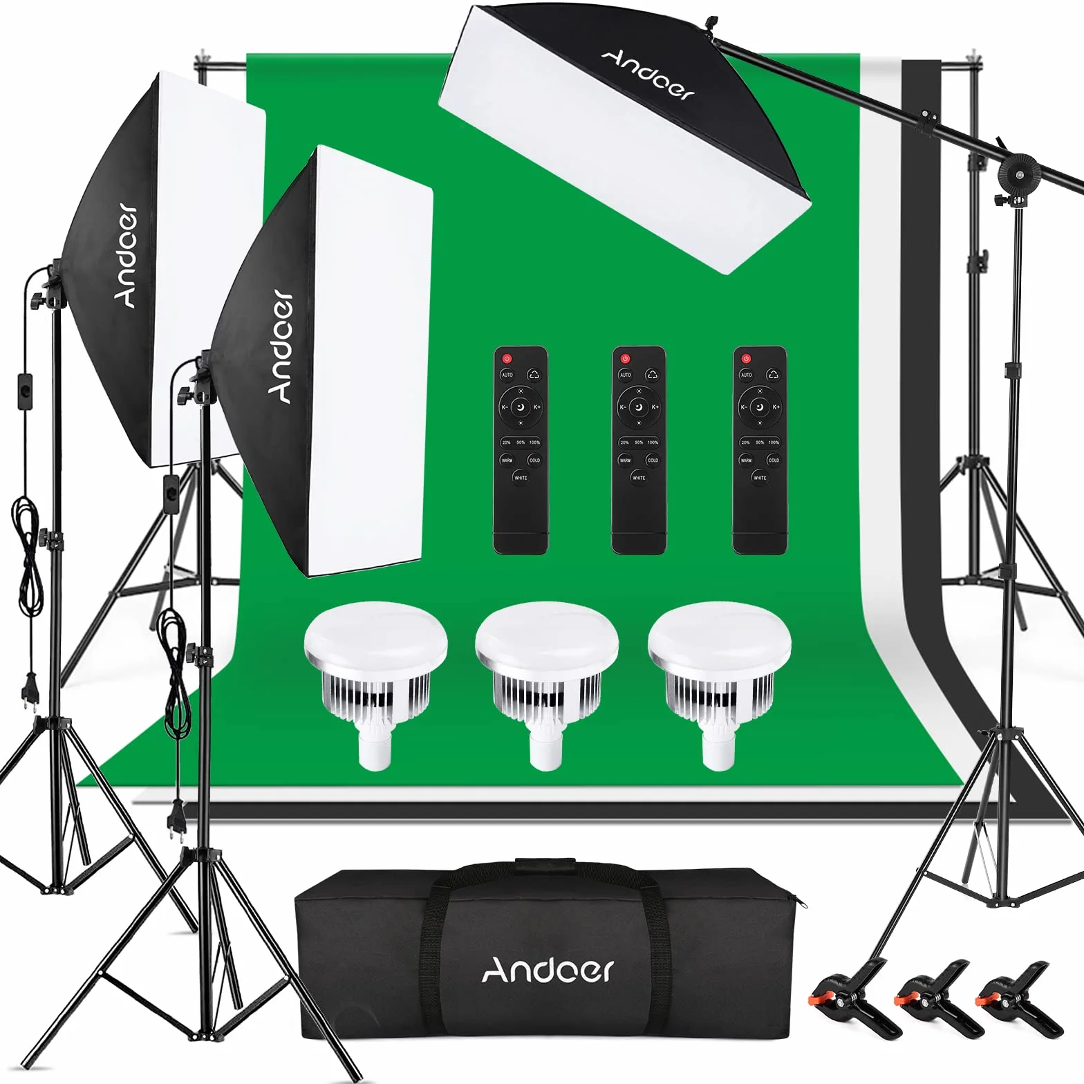 Andoer Set per studio fotografico, 2x3 m sistema di supporto per sfondo con softbox luce fissa treppiede braccio della forca telecomando morsetto borsa per il trasporto ritratti fotografia video