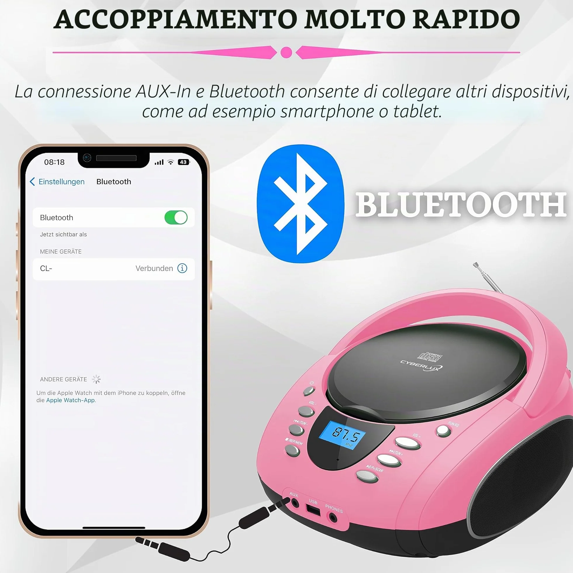 Boombox portatile lettore CD CD-R USB radio FM AUX jack cuffie impianto stereo compatto rosa Pretty Pink