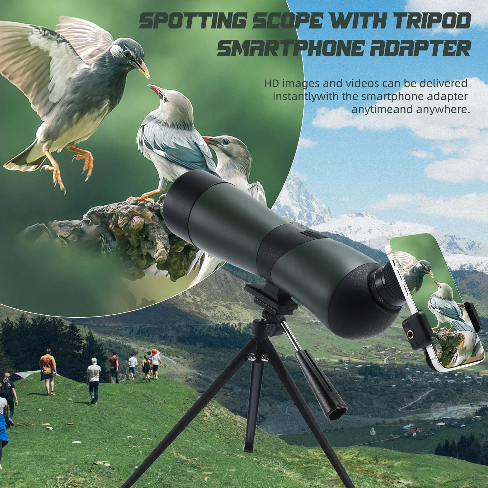 25-75x70 Cannocchiale con Treppiede, Borsa per il Trasporto e Adattatore per Smartphone - Cannocchiale Monoculare Impermeabile per Birdwatching, Tiro a segno, Tiro con Arco, Caccia