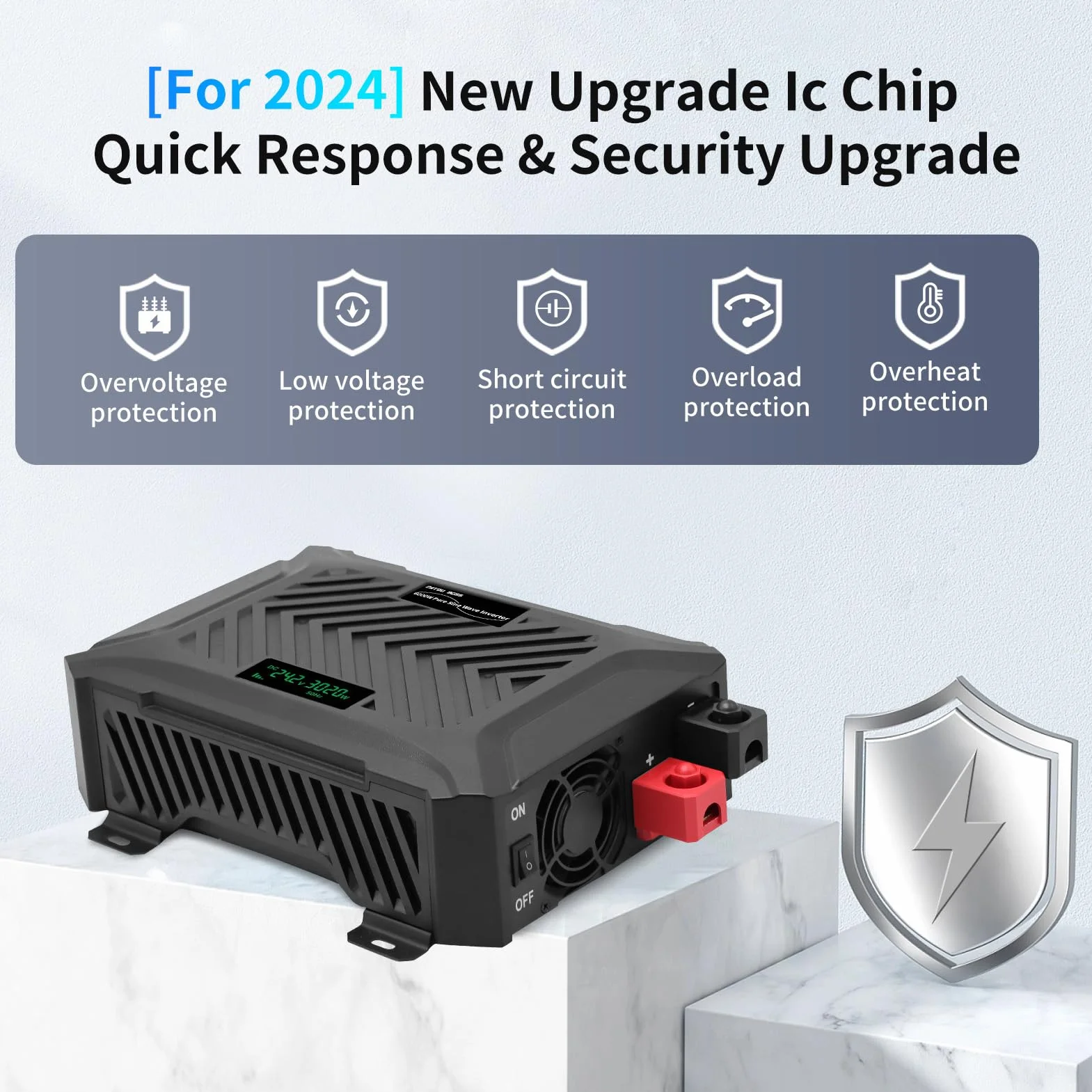 DATOUBOSS Inverter Onda Sinusoidale Pura 12V/24V a 220V Convertitore Universale Onda Pura 3000W con sistema di rilevamento intelligente, con LCD Display, interfaccia USB, Type-C e 2 presa UE