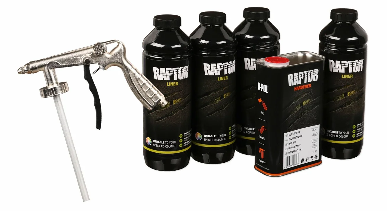 UPol Raptor - Rivestimento per veicoli ad alta resistenza, tinta unita, 4 litri + pistola per protettivo sottoscocca / protettivo per cavità