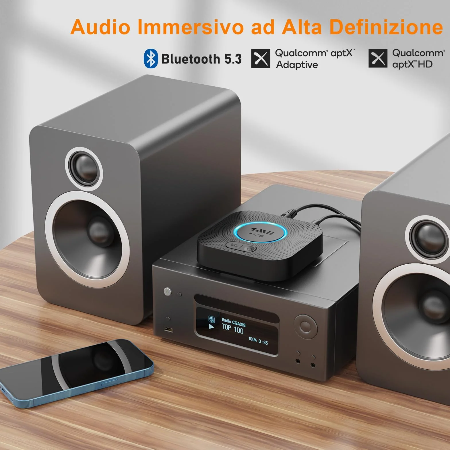 1Mii Ricevitore Bluetooth 5.3, Adattatore Audio Bluetooth HiFi con Jack AUX 3,5mm e RCA, 3D Surround e aptX HD, Wireless per Amplificatore, Stereo Casa, Lungo Raggio 50m