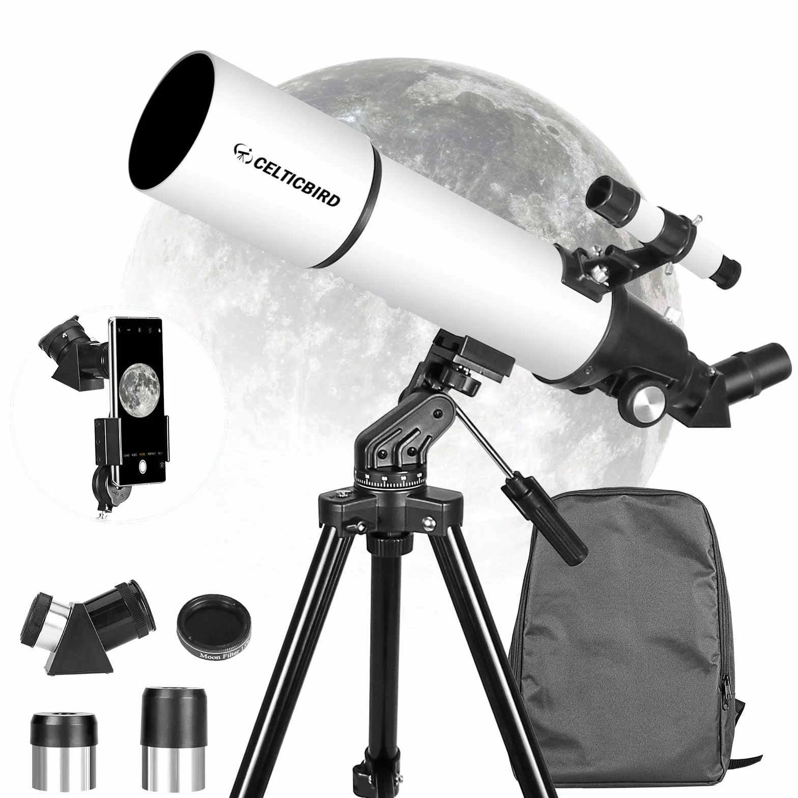 Celticbird Telescopio Telescopio astronomico di rifrazione per adulti e principianti - AZ Mount con zaino, filtro lunare 80560