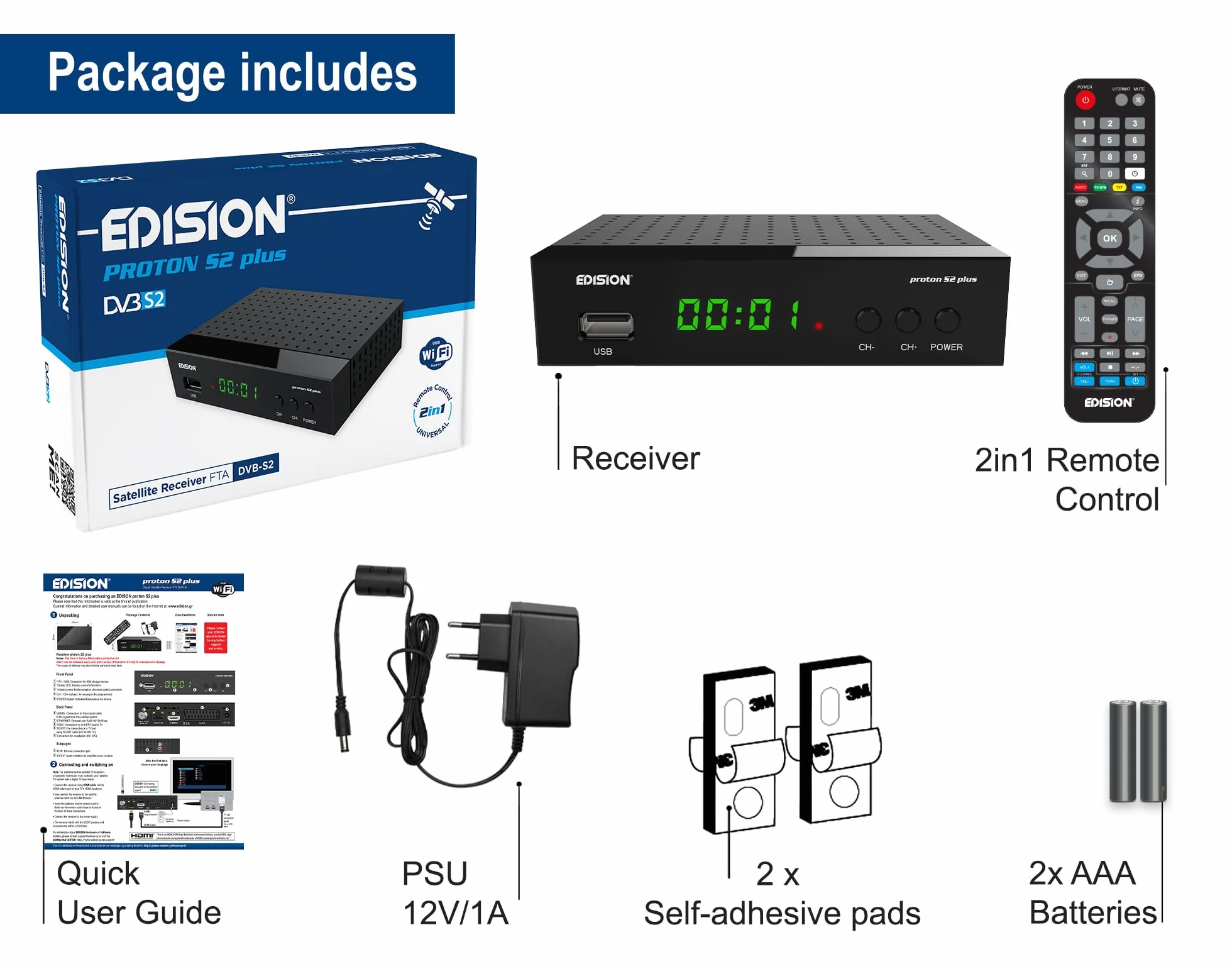 Decoder DVB-S2 HD EDISION PROTON S2 plus Ricevitore Digitale Satellitare DVB-S2, Supporto Unicable, Supporto USB WiFi, LAN, HDMI, SCART, SPDIF, USB, IR, lettore di schede, Telecomando Universale 2in1
