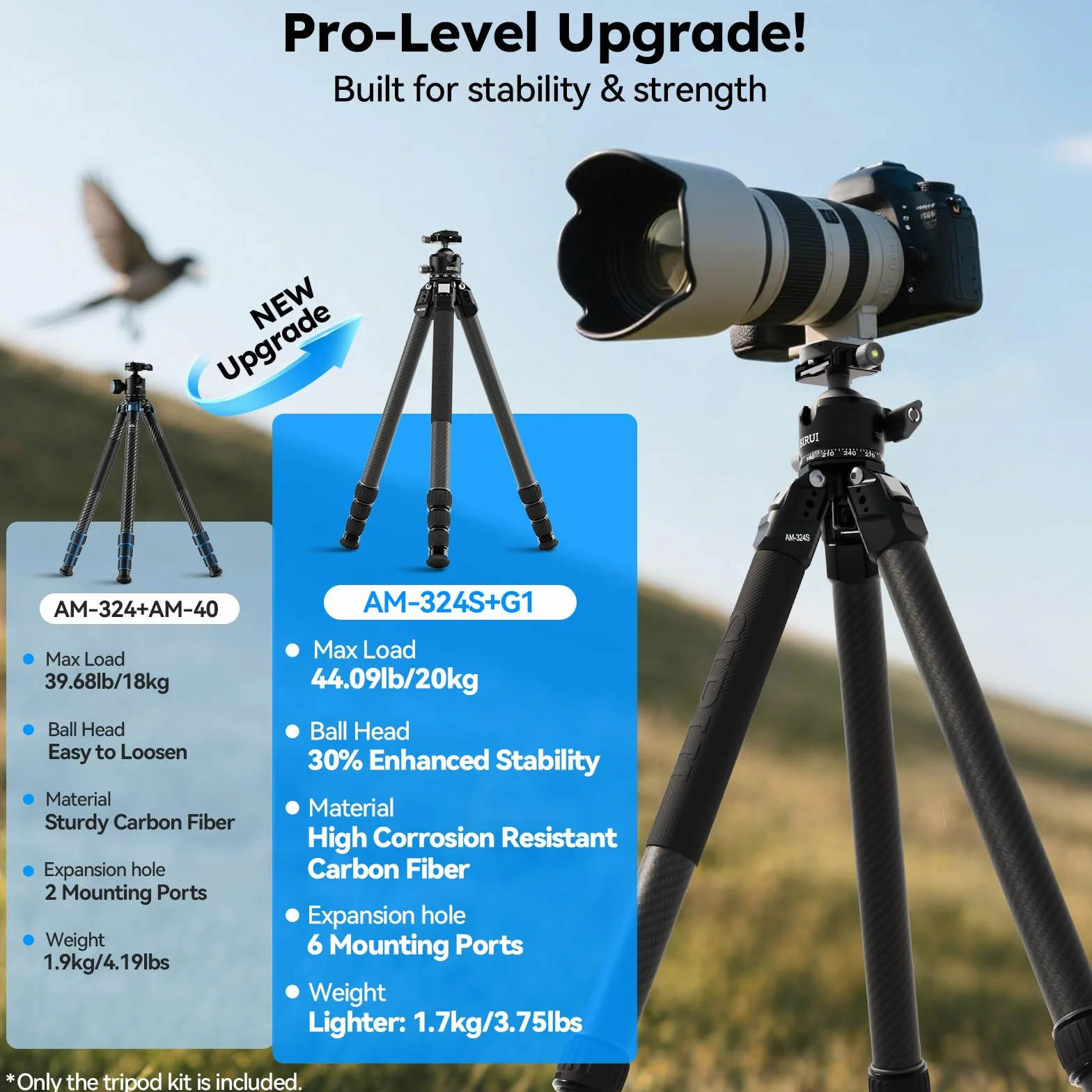 SIRUI Heavy-Duty Treppiede per Fotocamera in Fibra di Carbonio, 152CM Treppiede Professionale con 360° Testa a Sfera a Baricentro Basso, Leggero e Portatile, Carico Fino a 20KG, AM-324S+G1
