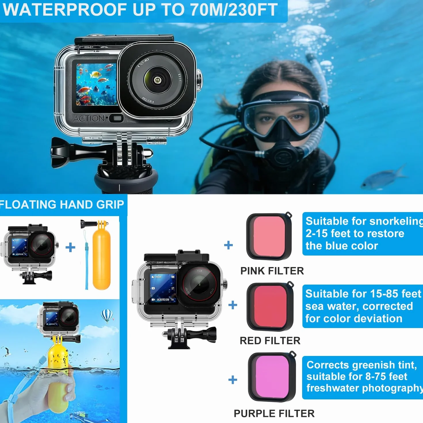 Accessori per DJI Osmo Action 5 Pro/4/3, custodia impermeabile Saprdii, pellicola proteggi schermo, filtro accessori subacquei, supporto per bicicletta selfie stick, supporti per torace/testa/manubrio