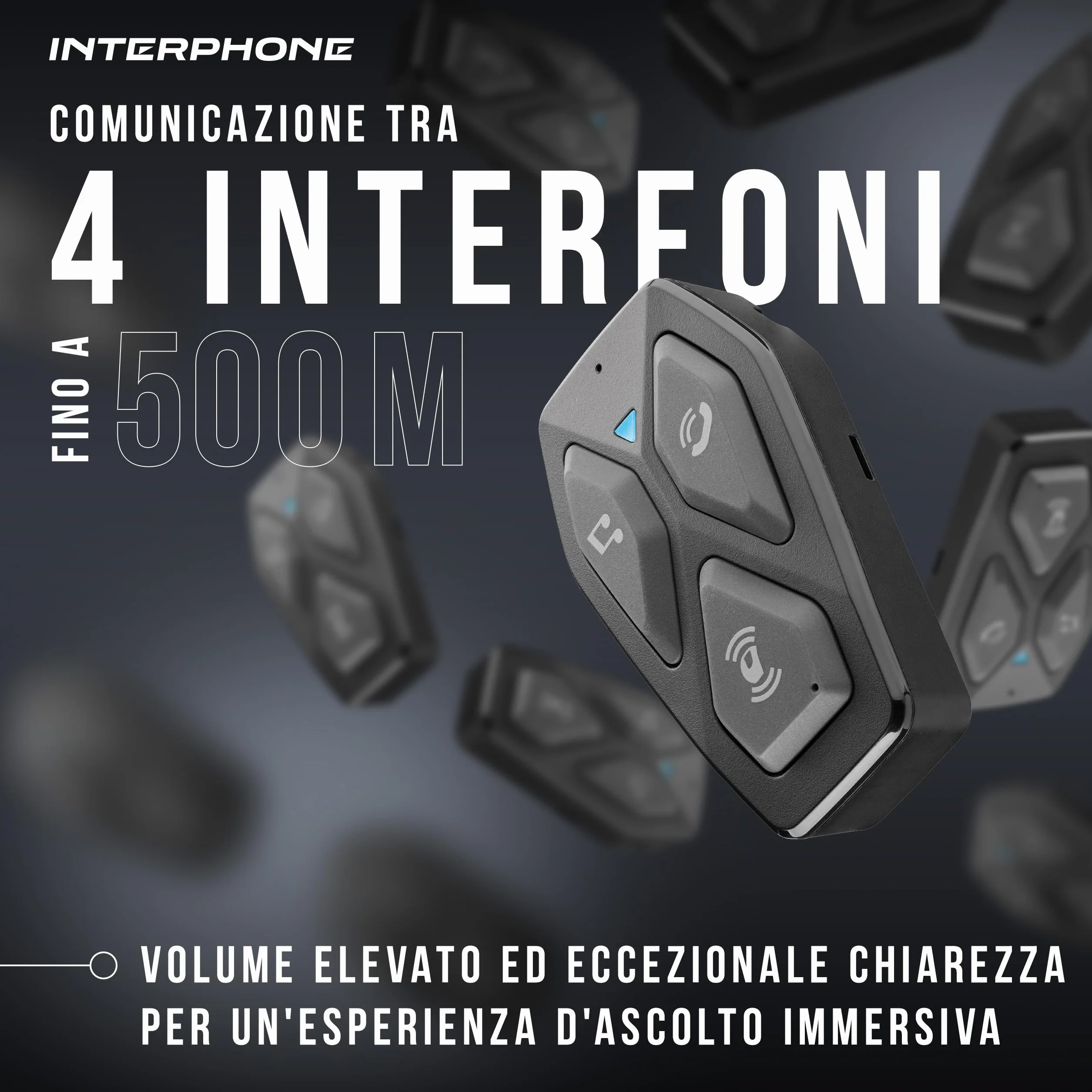 INTERPHONE U-COM 3HD Singolo, Interfono moto di gruppo per 4 utenti fino a 500mt, Interfono casco Bluetooth 5.1 con auricolari HD 40mm per musica, chiamate e GPS, Autonomia 10h e impermeabile IP67
