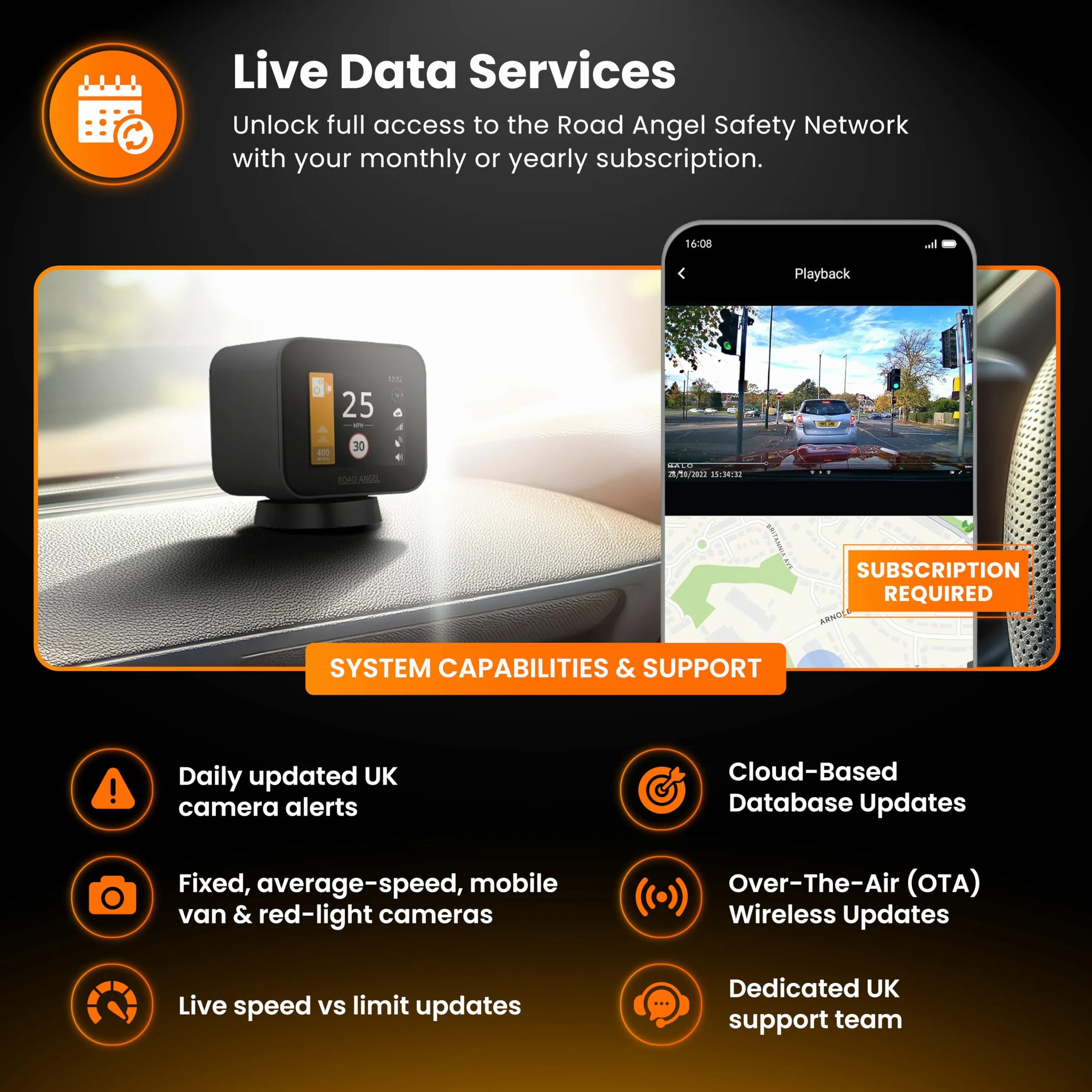 Road Angel Pure Sync Rivelatori di autovelox per auto UK - Rivelatore di autovelox Road Angel - Abbonamento richiesto per l'uso