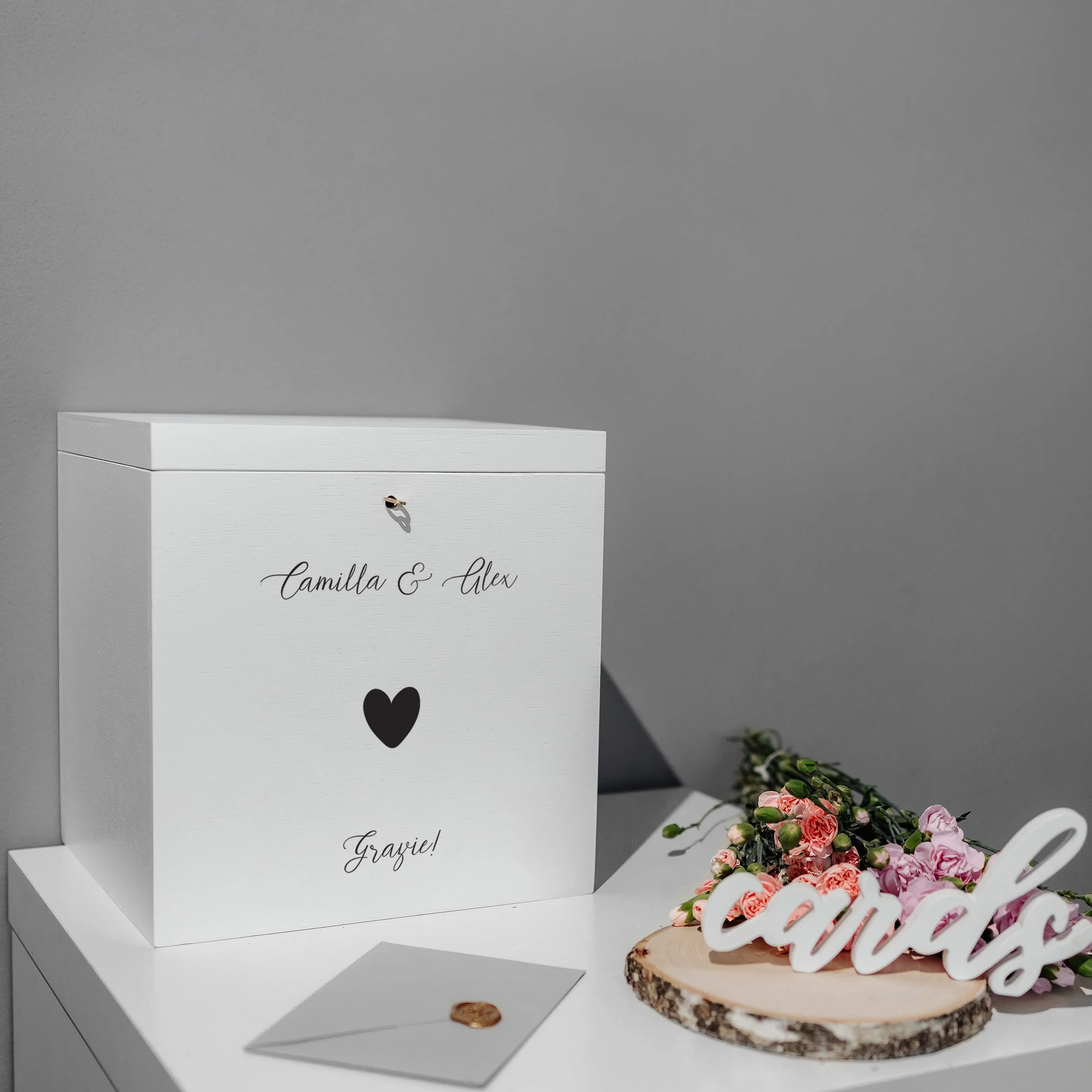 Porta Buste in Legno per Matrimonio 29x25x30cm Scatola Personalizzata Bianca con Serratura