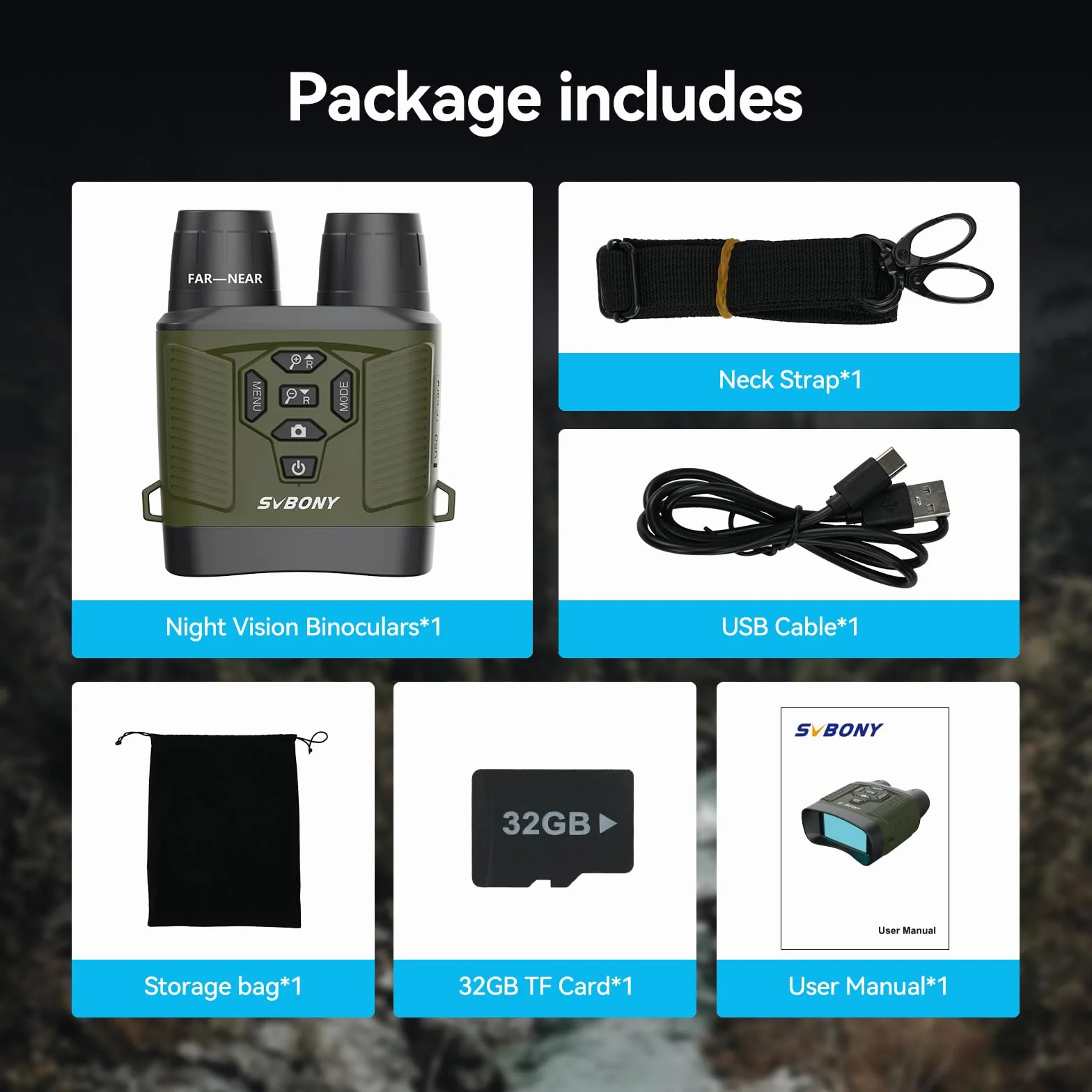 Svbony 4K Binocolo Visione Notturna, 8X Zoom Digitale Goggles di Visione Notturna, 5000mAh Batteria Ampio Schermo 3'' Binoculare Visione Notturna, 32GB Scheda Osservare Fauna Selvatica Cacciare