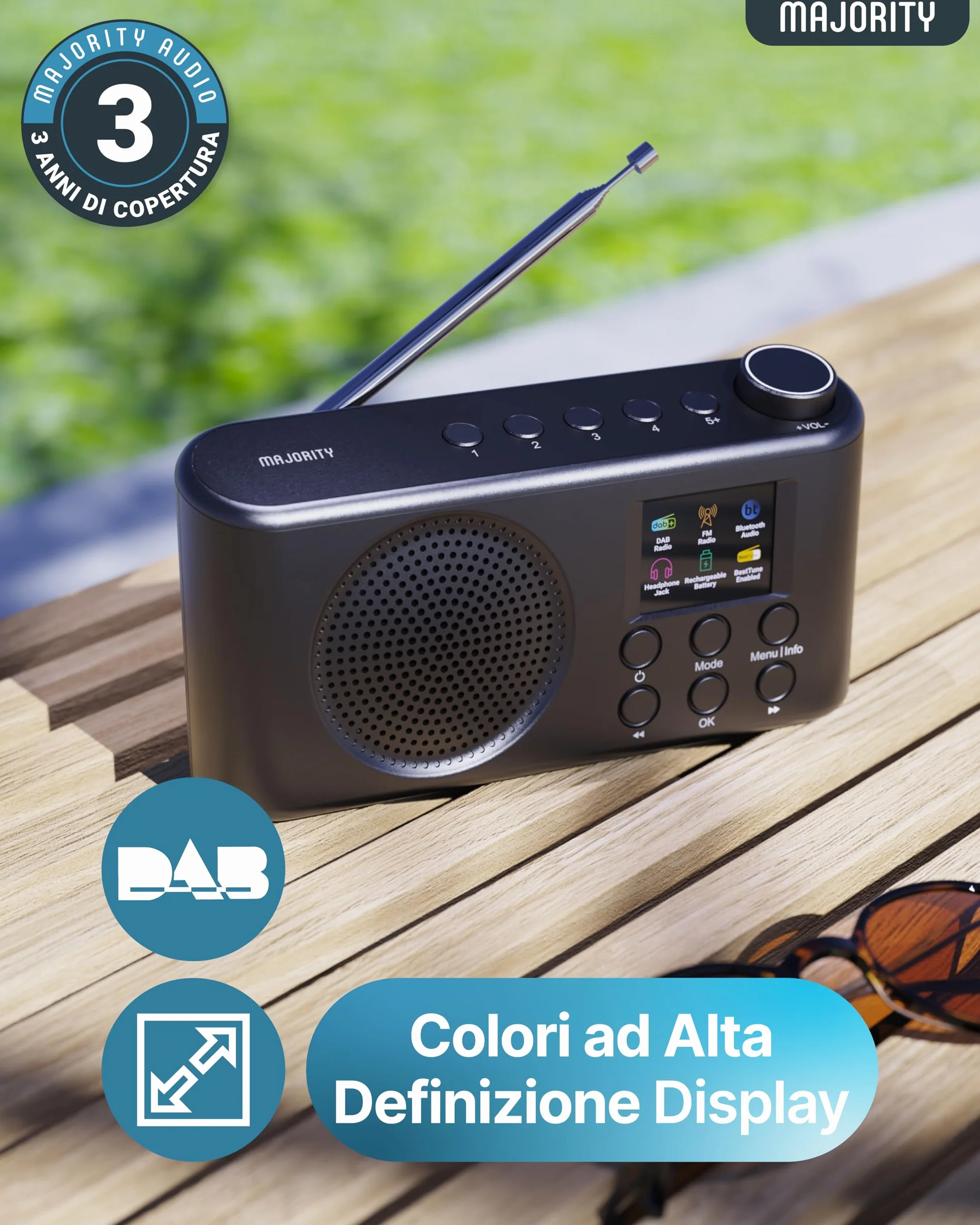 Majority Orwell Pro DAB/DAB+ Radio Portatile | Bluetooth FM, 40 Preset, 4 Pulsanti Rapidi, 15 Ore Batteria Ricaricabile USB-C, Minuterie Sonno, EQ 7 Presets, Schermo LCD | Radio Dab Casa, Viaggio