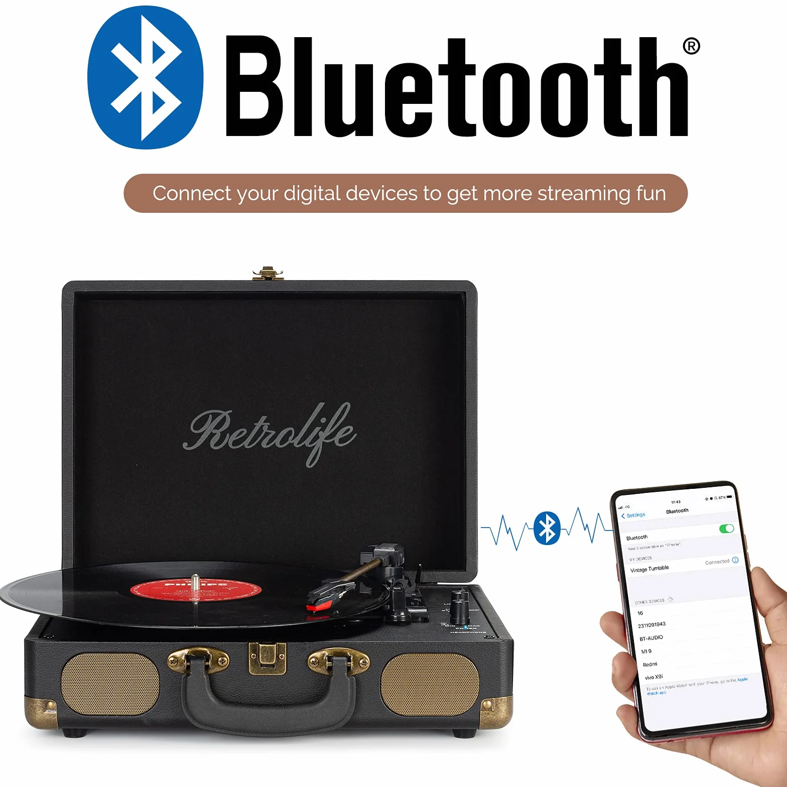 Giradischi Bluetooth 3-Velocità 33/45/78 Giri, Stereo Portatile Vintage con Altoparlanti, RCA, AUX, Cuffie