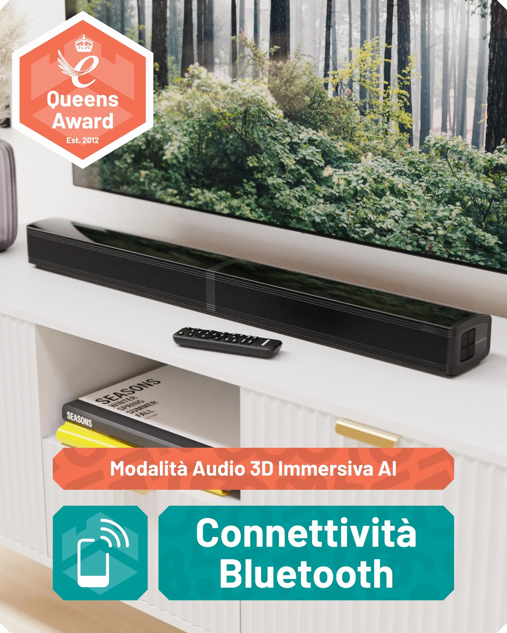 Oakcastle Soundbar Home Theater a 2 Vie Style | 120W Casse Altoparlanti 2.2 Cannali TV Surround Audio Monitor | Bluetooth, HDMI, RCA, AUX, Cavo Ottico Con Telecomando SB80