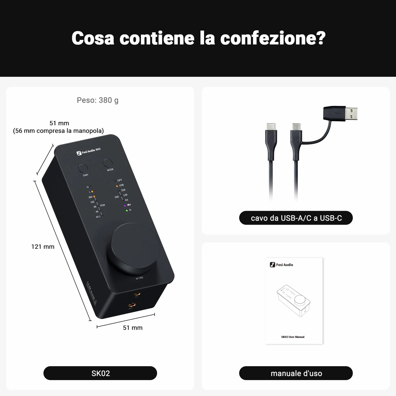 Fosi Audio SK02 DAC Amplificatore per Cuffie, USB C a AUX Adattatore Convertitore Audio Digitale-Analogico, Ottico a 3,5 mm 4,4 mm Combo Bilanciato, Amplificatore Cuffie da Tavolo per Home Theatre