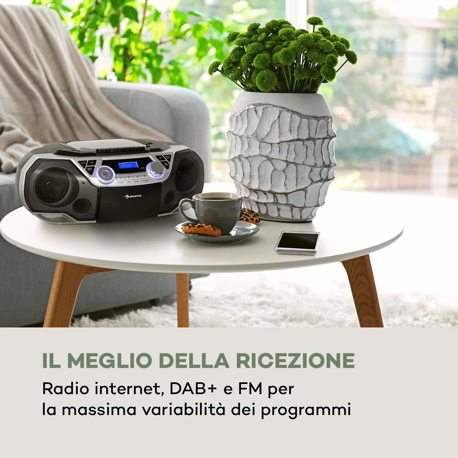 auna Roadie 2K - Boombox, Radio DAB+/FM, Lettore CD, CD-R/CD-RW/CD-MP3, Radiocassette, Portatile, USB, MP3/WMA, Bluetooth 5.0, AUX, Alimentazione a Corrente e Batteria, Argento