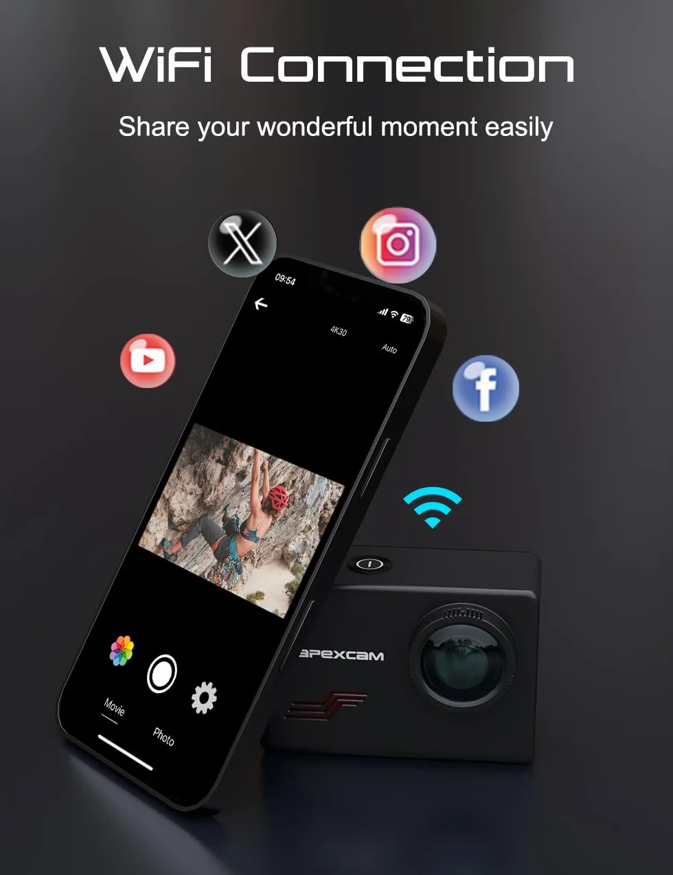Apexcam M80 4K 60FPS 48MP WIFI EIS Action Cam Con 64GB Scheda 40M Fotocamera Subacquea Impermeabile Ultra HD Sport Camera 8X Zoom Pre-registrazione Wide Angle Con 2x1350 Batterie Kit Accessori