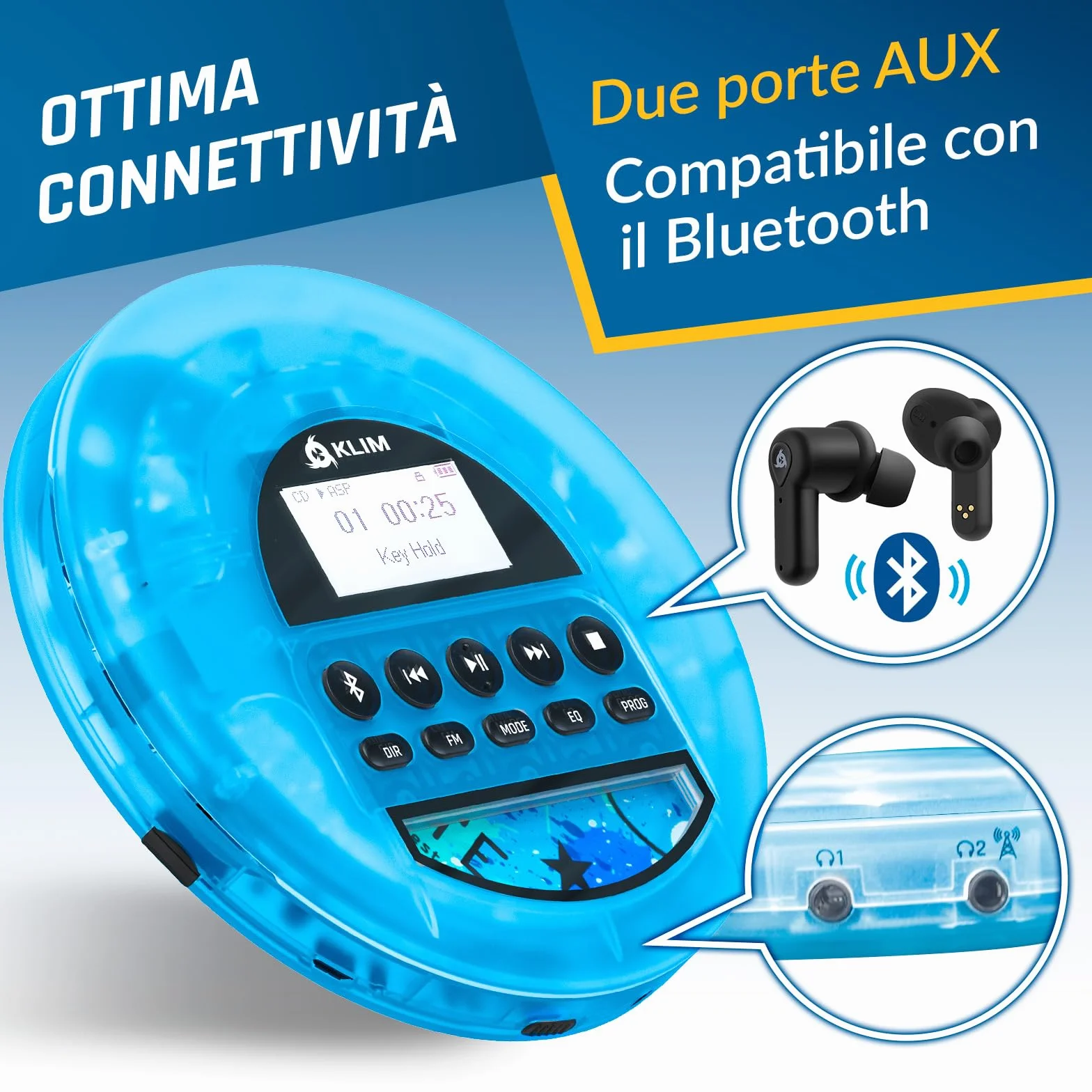 KLIM Nomad Transparent Blu - Lettore cd portatile - Batteria a Lunga Durata - Include Auricolari KLIM Fusion - con CD-R, CD-RW, MP3 - Lettore SD, Radio FM, Bluetooth - Ideale per Auto - Hi-Fi - Nuovo
