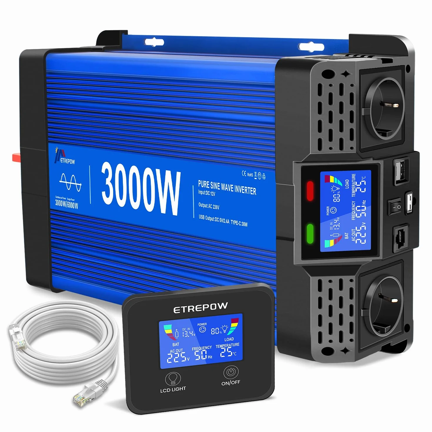 Inverter 3000W/6000W 12V 220V Onda Sinusoidale Pura Trasformatore Con telecomando, 2 Prese EU, 2 Porte USB,Type-C, Adatto per Elettrodomestici, Camper e Campeggio