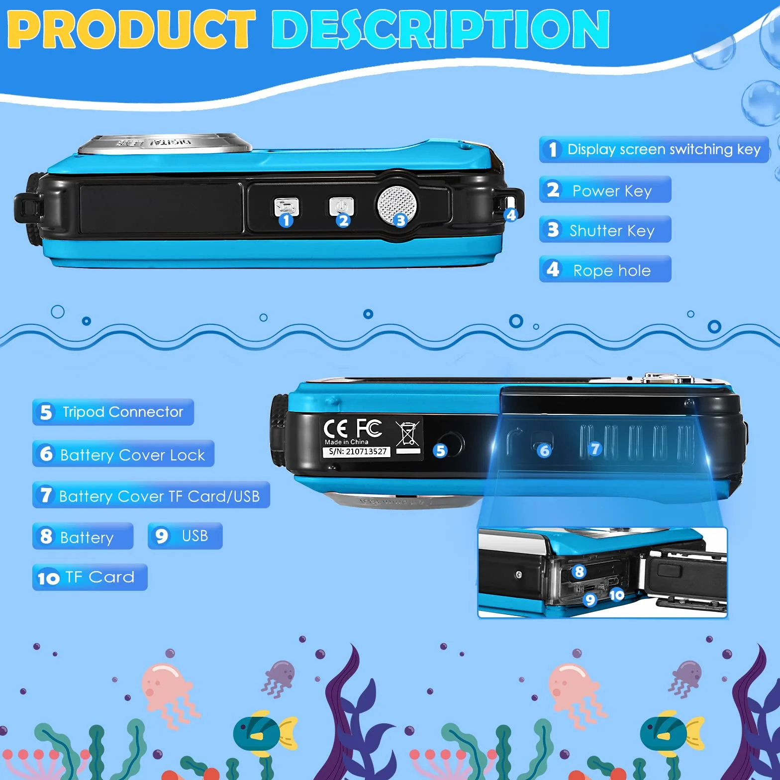 Fotocamera impermeabile digitale Full HD 2,7 K 24 MP Macchina Fotografica Subcquea 16X Zoom digitale fotocamera impermeabile con doppio schermo, per adolescenti studenti principianti