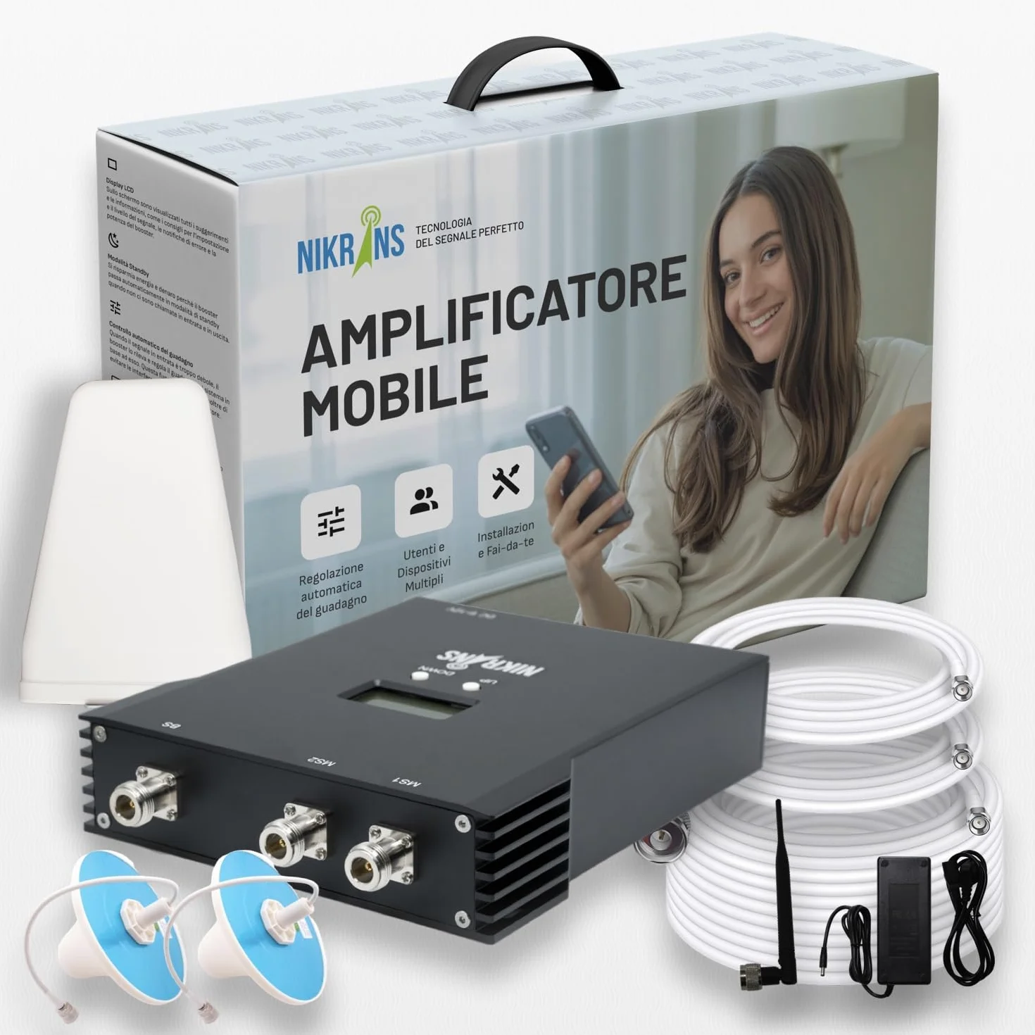 Amplificatore Segnale Cellulare Banda 1/3/8 (900/1800/2100 MHz) - Ripetitore Segnale Cellulare per Operatori Europei Tre, TIM, Vodafone, Iliad - Amplificatore Data & Call Casa/Ufficio
