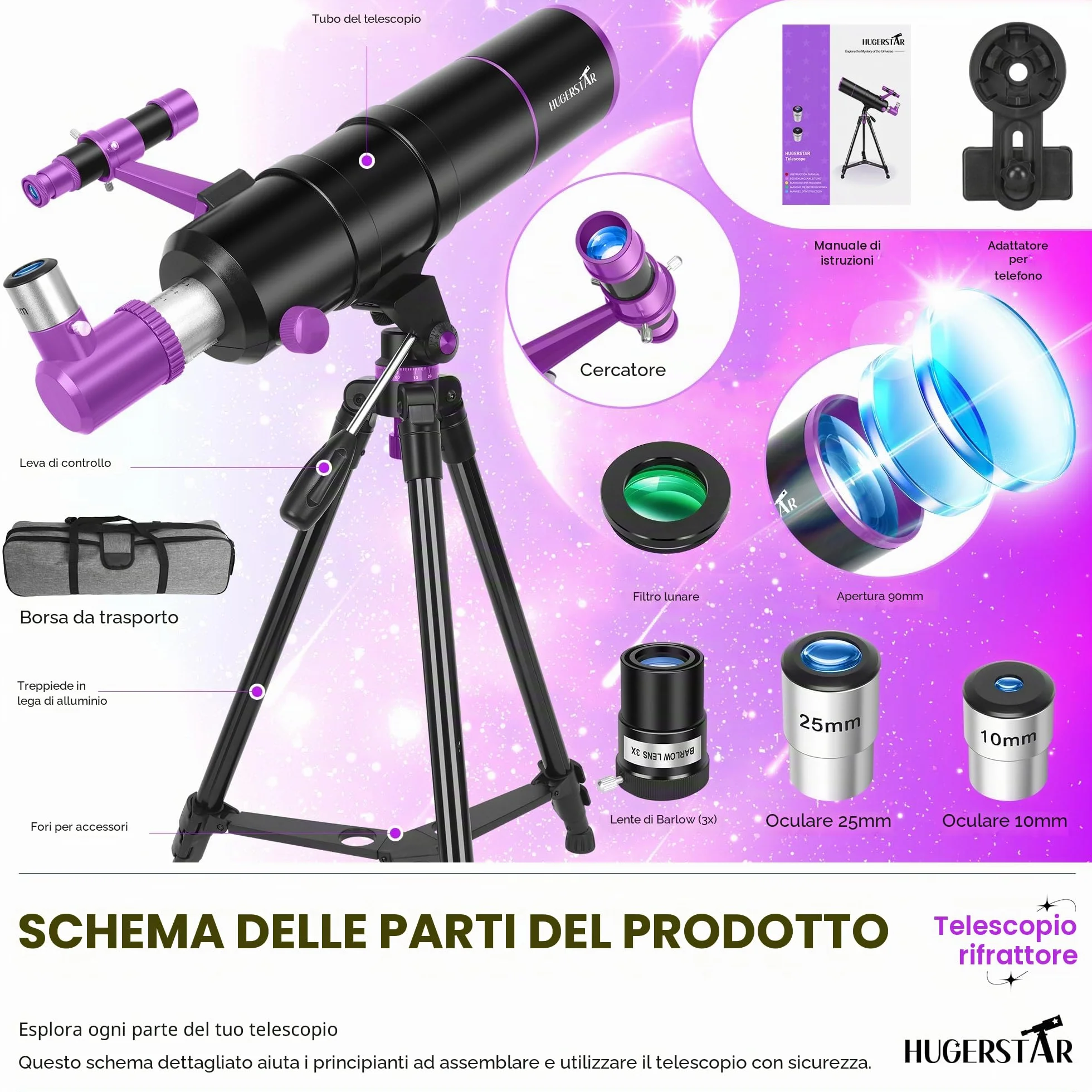 Telescopio Astronomico Professionale per Adulti e Bambini, 90/550mm Telescopio Rifrattore Portatile per Principianti con Treppiede Regolabile, Filtro Lunare, Adattatore Telefonico e Borsa