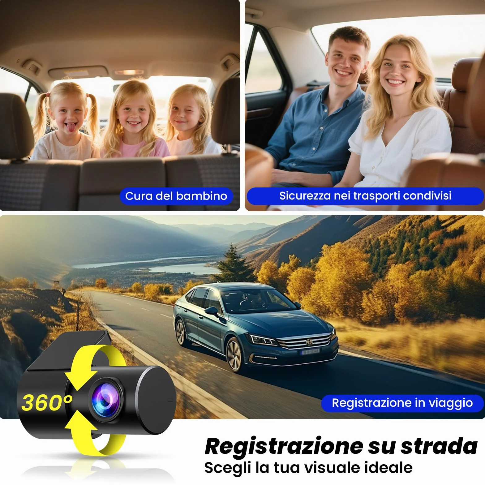 Dash Cam Auto 4K Anteriore e 2K Posteriore, WiFi 5GHz con App, G-Sensor, Registrazione in Loop, Modalità Parcheggio 24H, SD 64G