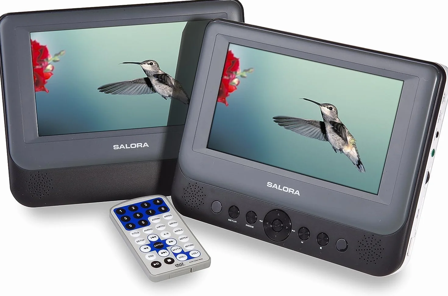 Salora DVP7048TWIN Lettore Dvd Portatile Con 2 Schermo 7" HD schermi per Auto e Bambini, Batteria 2 Ore, USB/SD, Telecomando, Cuffie, monitor poggiatesta auto Supporto, Lettore CD, Uscita AV