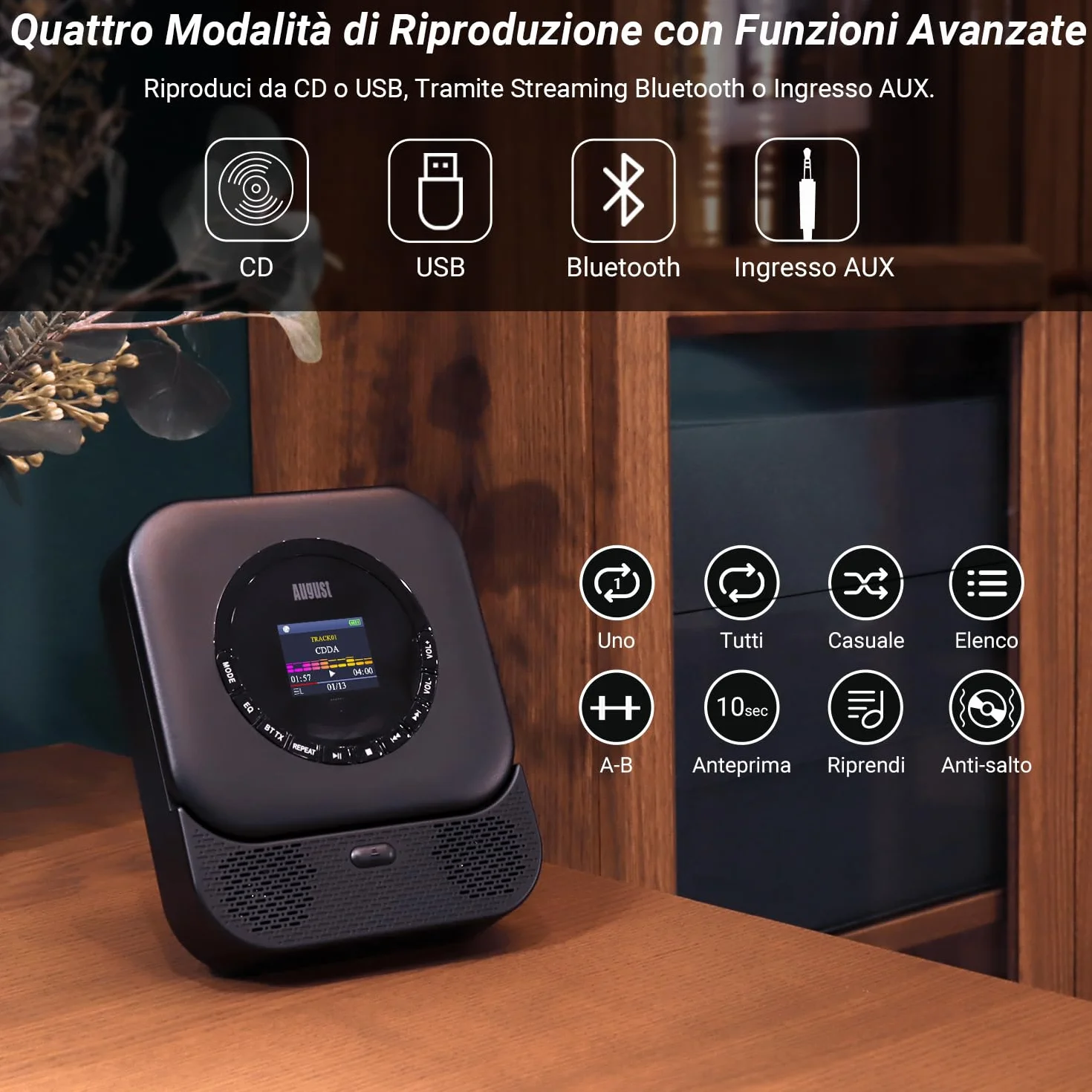 August SE15 Lettore CD Portatile Bluetooth 5.3 USB AUX 6W Batteria Ricaricabile EQ Antiurto Montaggio a Parete