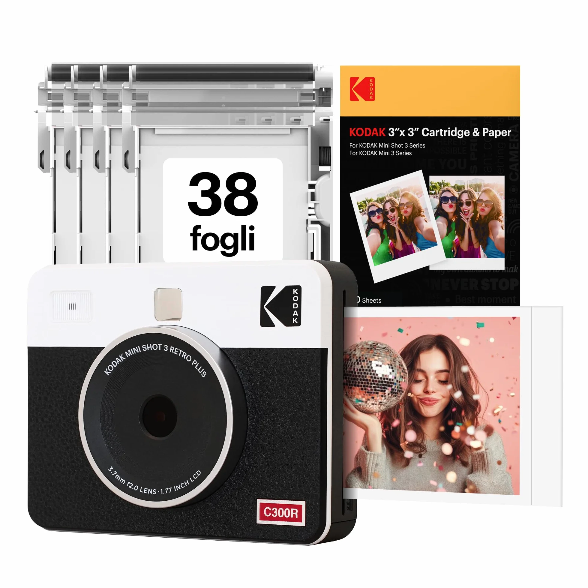 KODAK Mini Shot 3 Retro Fotocamera Digitale Istantanea & Stampante Fotografica 2-in-1 7,6 x 7,6 cm, 38 Fogli, Fotocamera Portatile con Stampa, Stampante per iOS & Android, Sublimazione 4PASS, Bianca