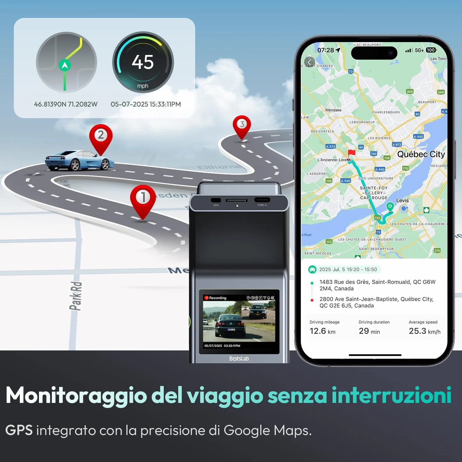 BOTSLAB Dash Cam 4K+1080PFronte Retro Dashcam con Scheda SD 64GB, Dashcam STARVIS 2,WiFi 5G,GPS,WDR Grandangolare a 170, Visione Notturna, WDR,Sensore G, Modalità Parcheggio 24H, Registrazione in Loop