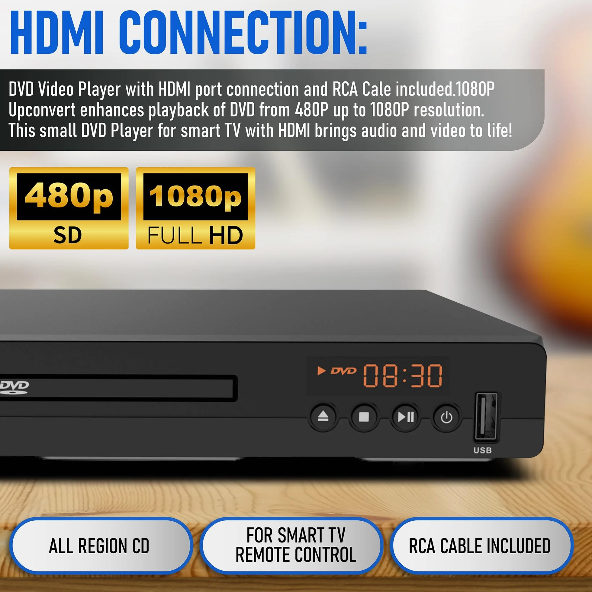 Philips Lettori DVD per TV con porta HDMI 1080P All Region HD lettore DVD per Smart TV USB Ingresso dispositivo telecomando, Mini DVD CD Player per sistema stereo domestico, cavo HDMI e RCA incluso