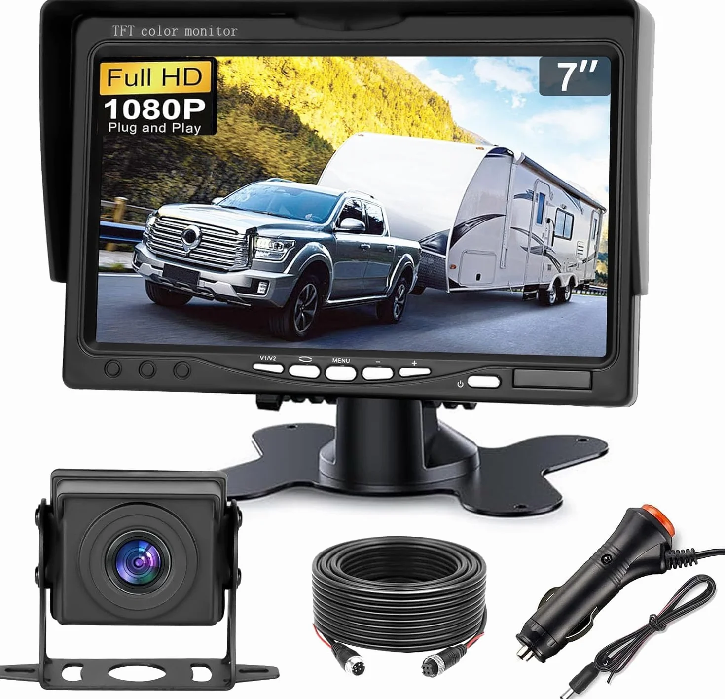 Set di telecamera per retromarcia con monitor HD LCD da 7 pollici e telecamera posteriore grandangolare da 170°, impermeabile IP69, per camion, rimorchi, bus, furgoni.