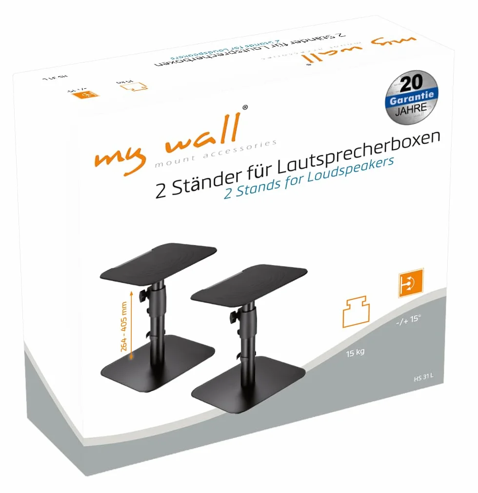 mywall HS31L - Supporto da tavolo universale per altoparlante, inclinabile +/-15°, con un carico fino a 15 kg, colore: Nero