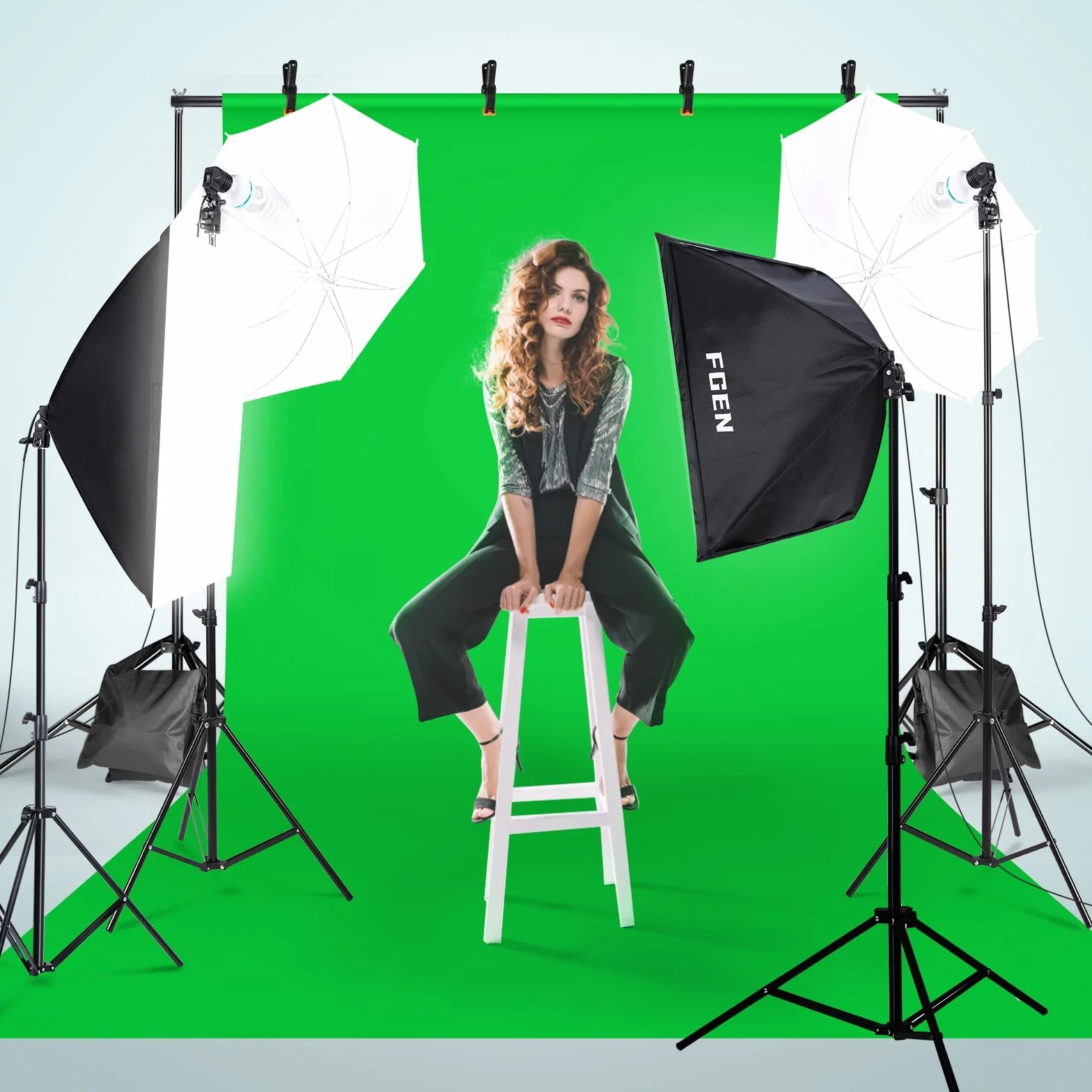 Set Softbox per studio fotografico, FGen cotone Greenscreen, set da 2.6 m x 3 m, con lampada fotografica CFL da 135 W, 85 W, lampada fotografica, sacco di sabbia per prodotti ritratti, foto