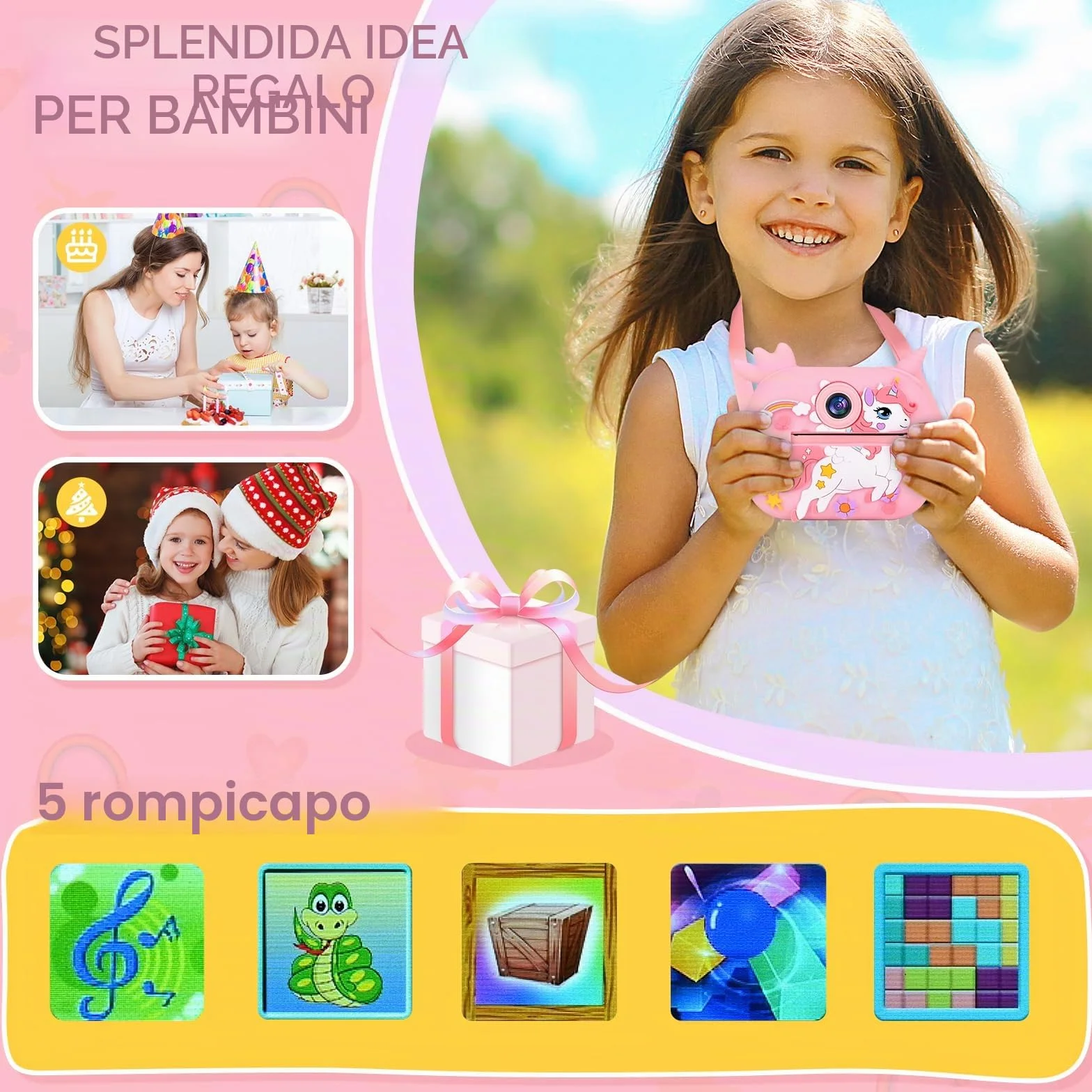 Macchina Fotografica Bambini Istantanea, Ambesty 2,4 Pollici 1080P Fotocamera Bambini Selfie, Fotocamera Digitale con 32GB Scheda e Carta Fotografica, Regali di Natale da 3-12 Anni (Rosa)