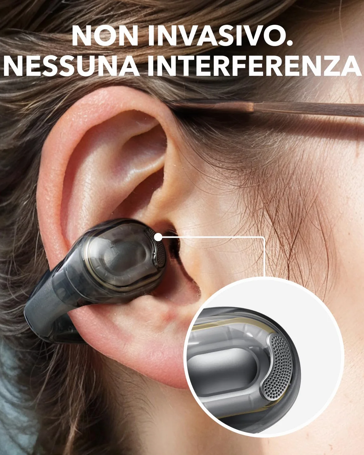 soundcore C40i di Anker, Auricolari open-ear, cuffie clip-on, design flessibile, controlli a pulsanti, comfort leggero, vestibilità stabile, supporti auricolari intercambiabili,driver con suono chiaro | Design flessibile, comandi a pulsante, comfort legge