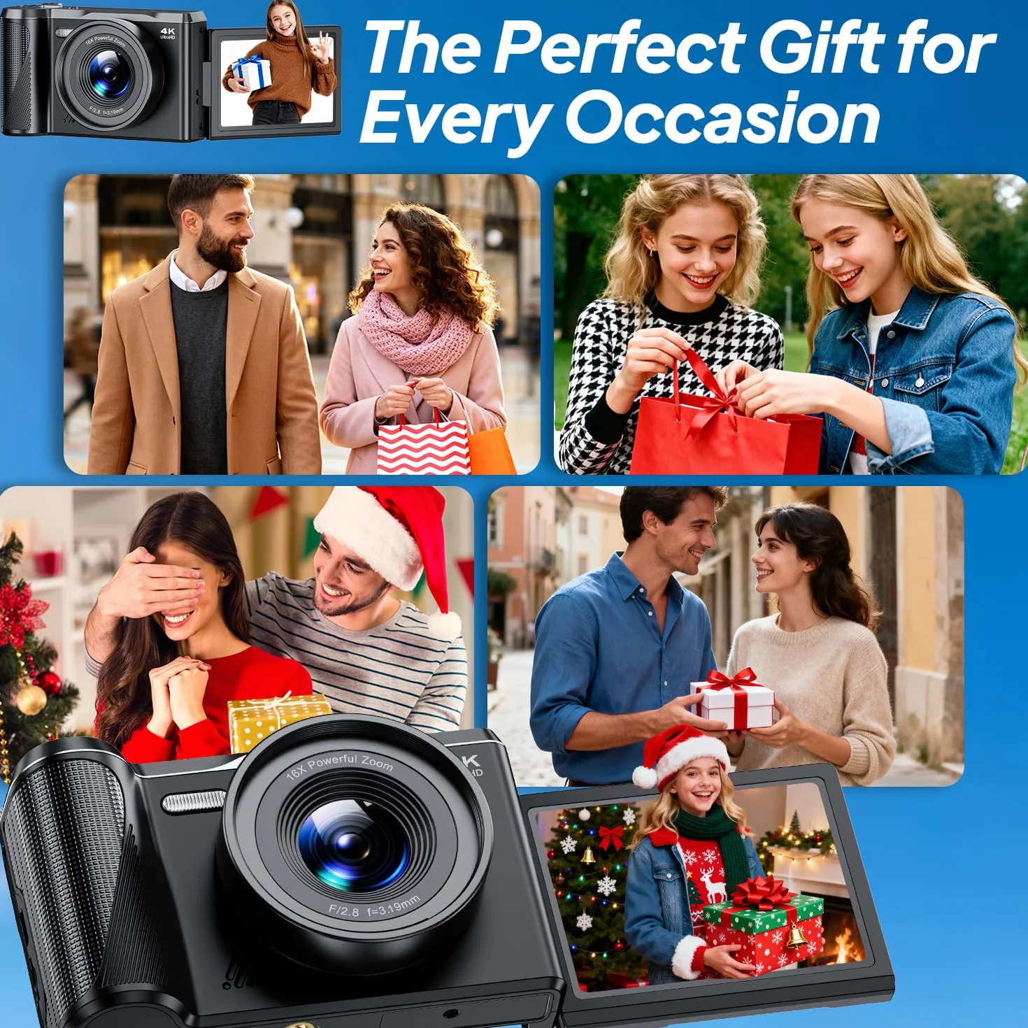 Macchina Fotografica Digitale, Focusinc 4K 56MP Fotocamera con Autofocus, Videocamera Pieghevole 180° da 3 Zoom Digitale 16X, Scheda 32GB Inclusa, Compatta Ricaricabile per Principianti Studenti