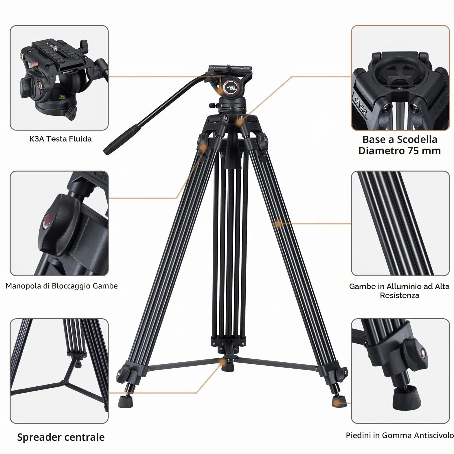 Cayer Video Tripod System, BV30L 72 pollici - Treppiede in tubo doppio di alluminio per impieghi gravosi professionale, testina fluido K3, caricamento massimo 13,2 lb, camcorder DSLR